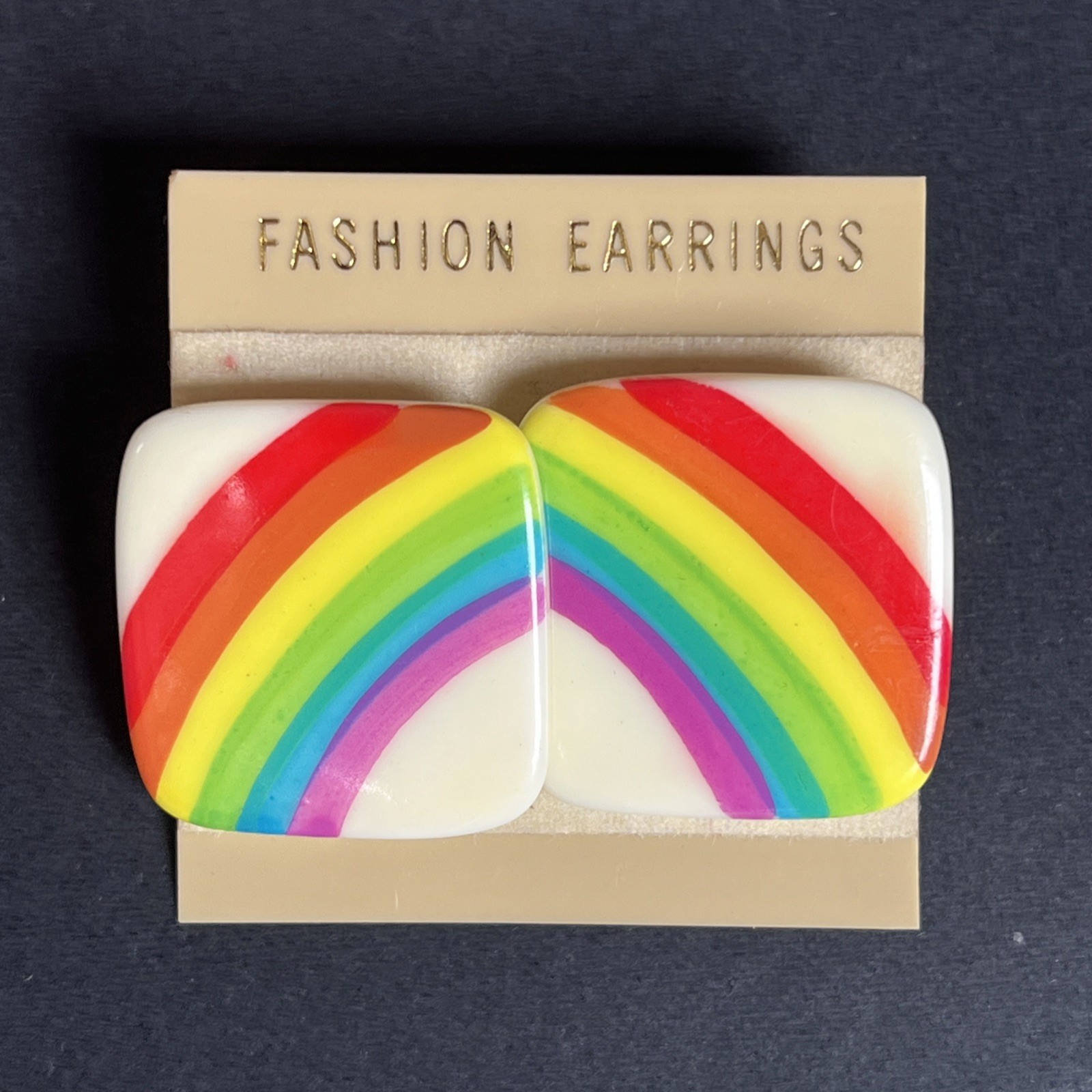 VTG Rainbow Earrings 80’s White Lucite Acrylic Square Studs Made In Taiwan 1”