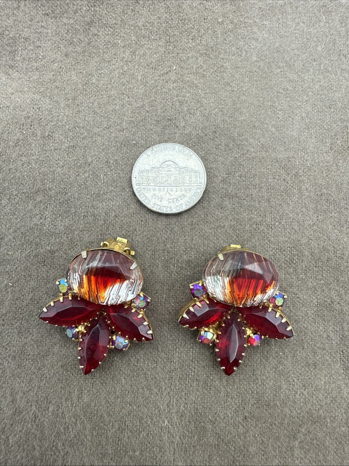 Vintage Red Rhinestone Clip On Earrings Gold Tone Iridescent
