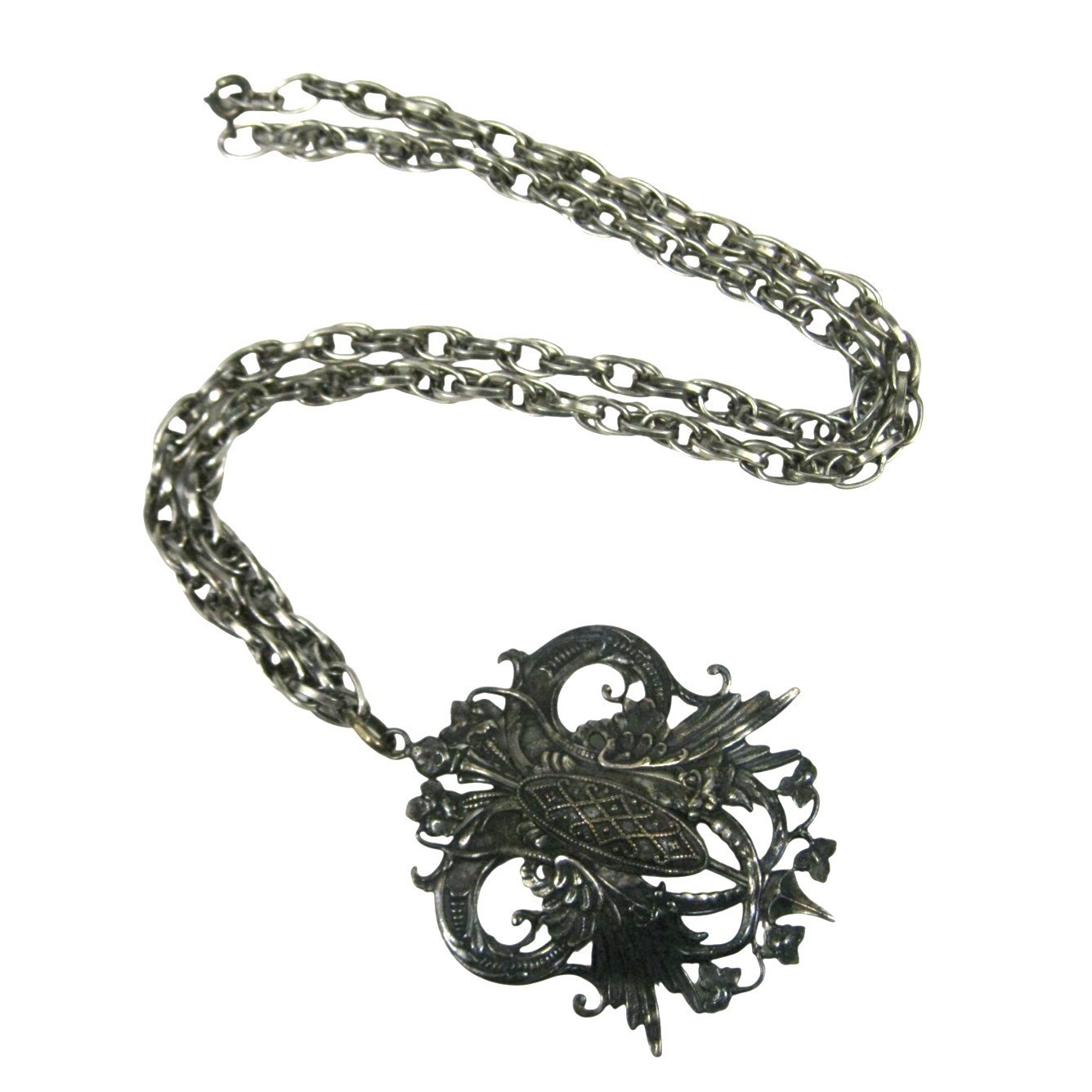 Ornate Vintage Silver Tone Necklace Filigree Pendant Chain 22 In Birds Ornate