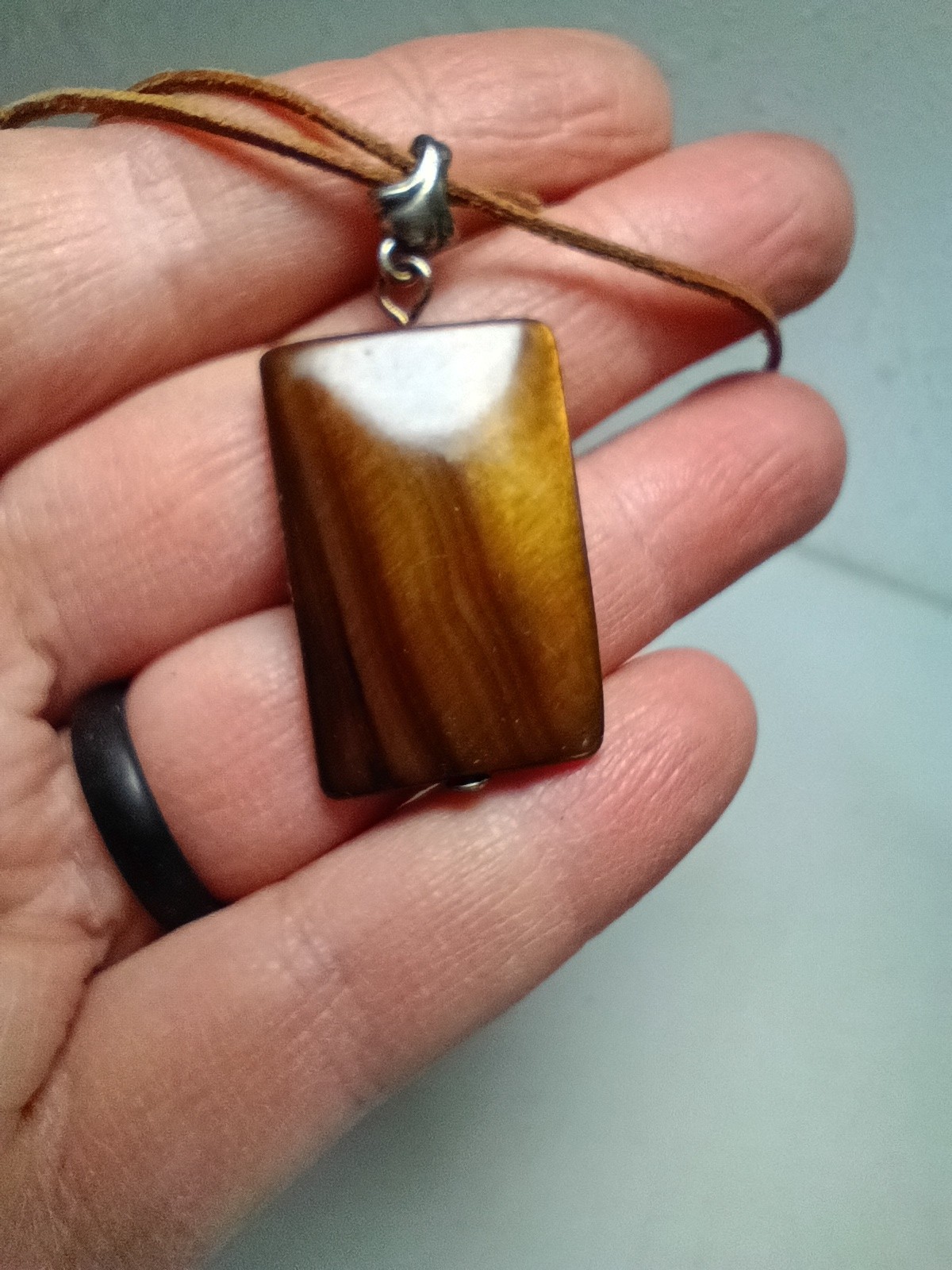 Rectangle Tiger Eye Brown Shell Penadant Necklace Brown Leather Cord 925 Silver