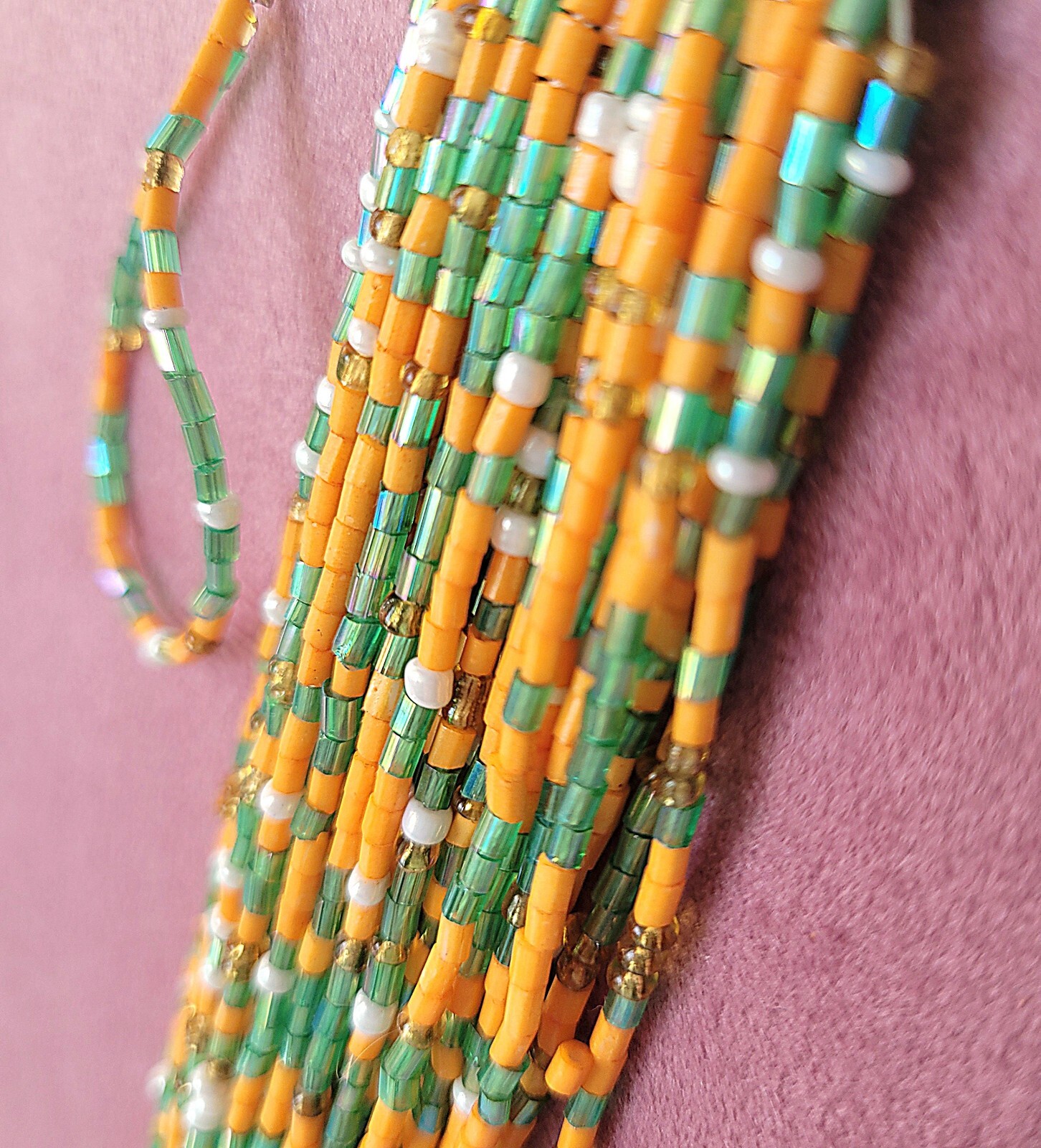 Vtg Orange Green Multistrand Boho Seed Bead Necklace & Earrings Set