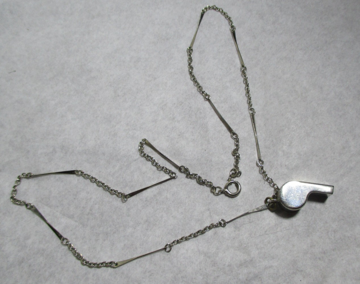 Vintage Hong Kong Silver Metal Mini Whistle Pendant Fancy Link Chain Necklace