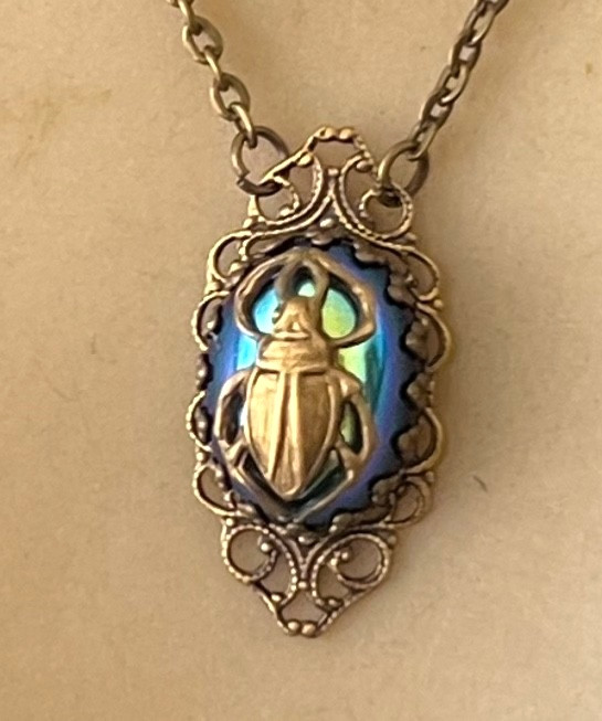 Vintage Scarab Necklace Egyptian Revival Pendant Antique Czech Iridescent Glass