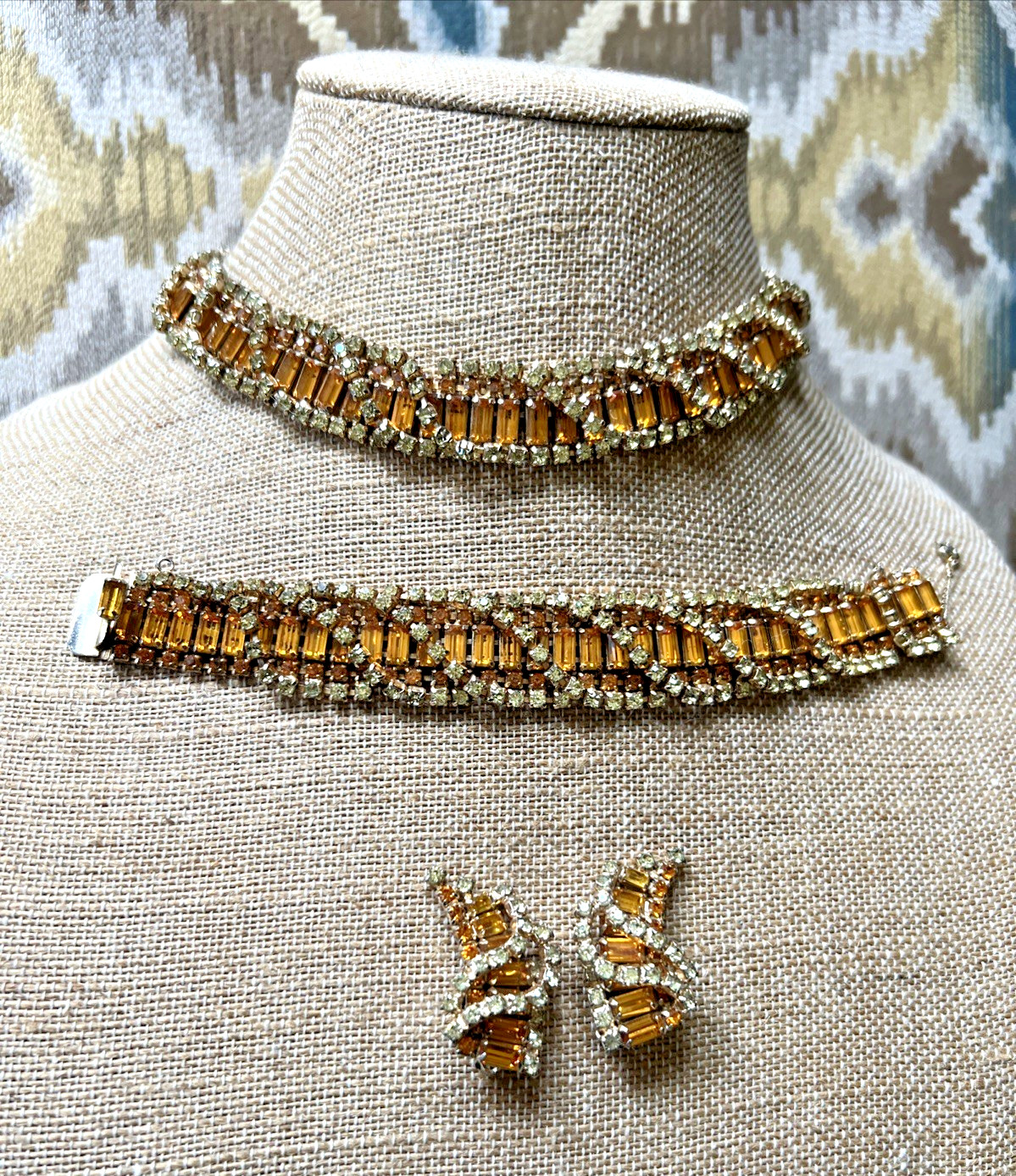 VTG. KRAMER N.Y. PARURE TOPAZ & CLEAR RHINESTONE NECKLACE BRACELET EARRING SET