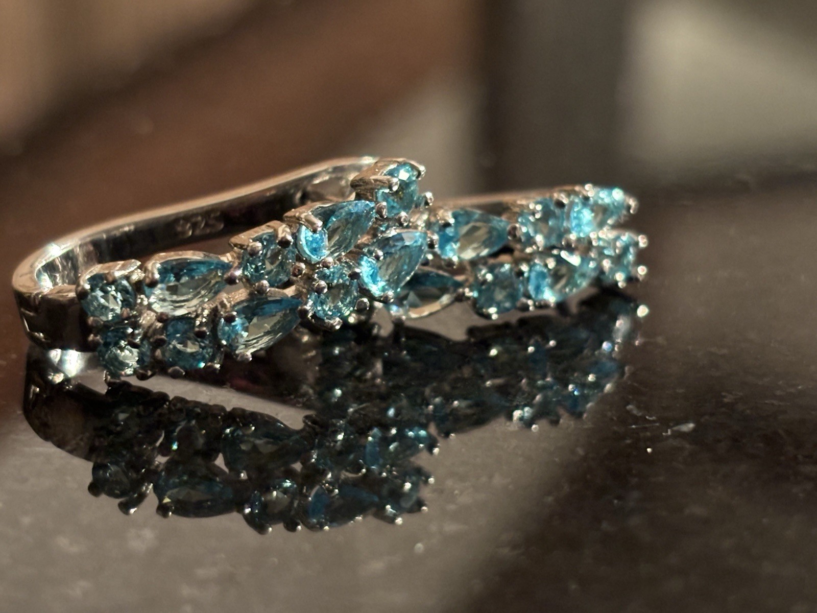 Vintage 1990s 925 Sterling Aquamarine Color Gemstone Hoop Earrings