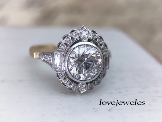 2.75CT Lab-Created Round Cut Diamond Vintage Art Deco Ring 14K 2-Tone Gold Over