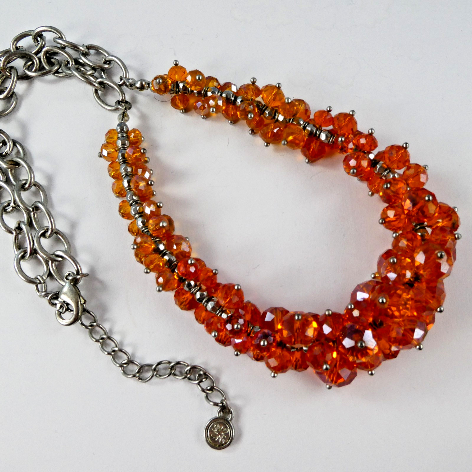 Pretty Glass Crystal ORANGE Beaded Necklace Silver Tone Fashion Jewelry SPARKLE!