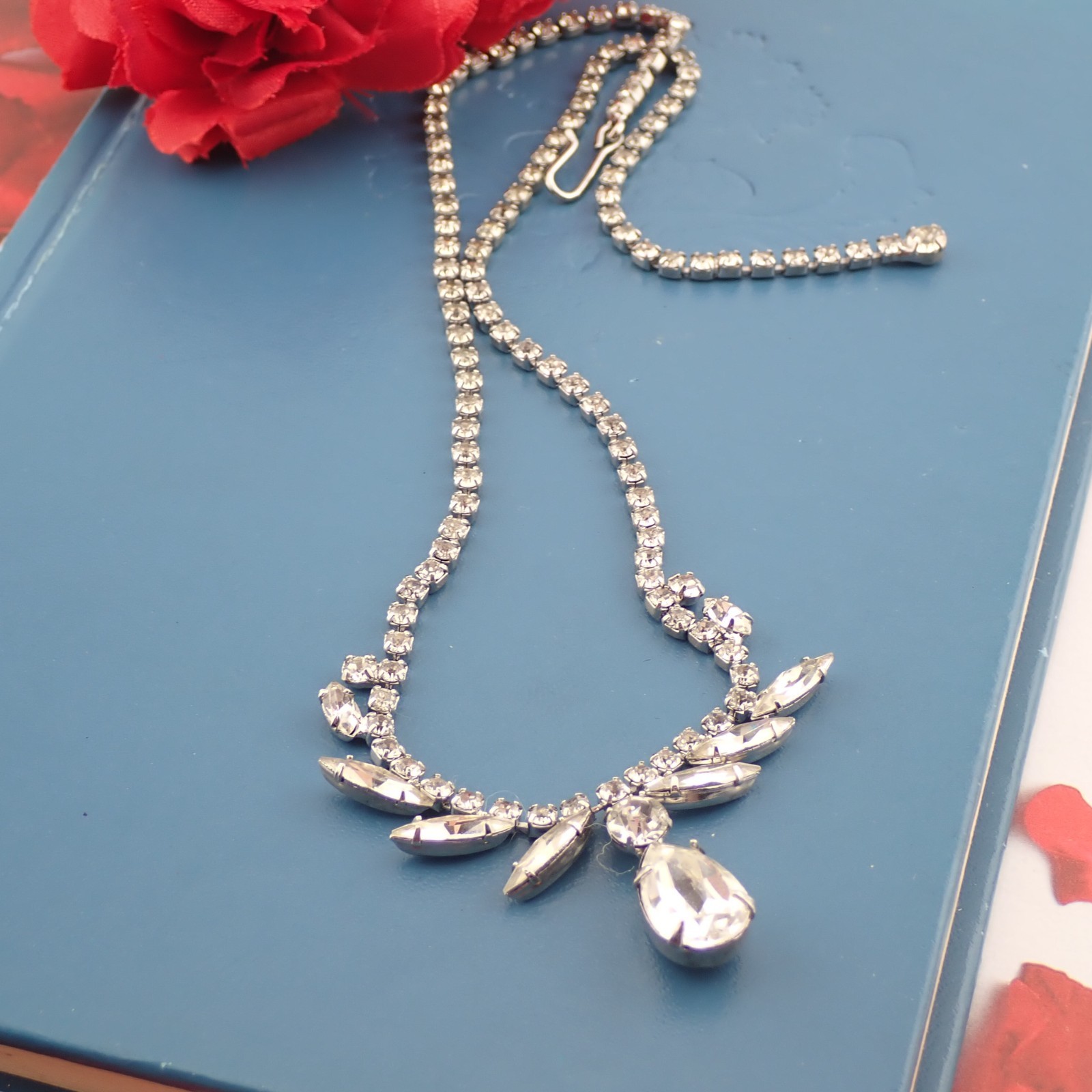 Vintage Dainty Clear Rhinestone Navette Teardrop Dangle 16 1/2″ Adj Necklace