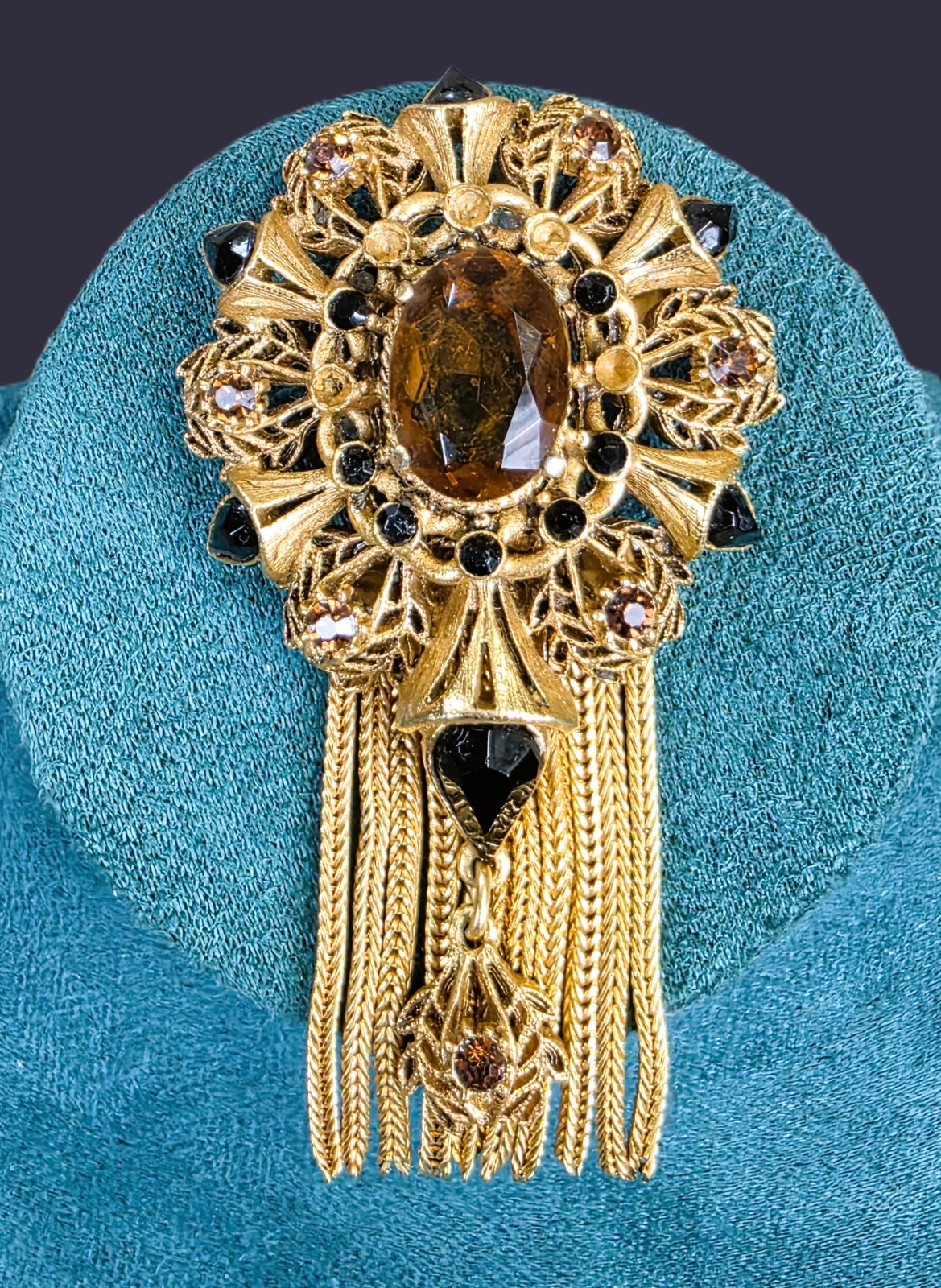 Vintage FLORENZA Rhinestone Heraldic Brooch Chain Fringe Pin