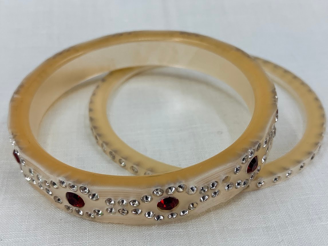 Vintage Celluloid Rhinestone Bracelet Art Deco Cream Red Bangles Stackable Set