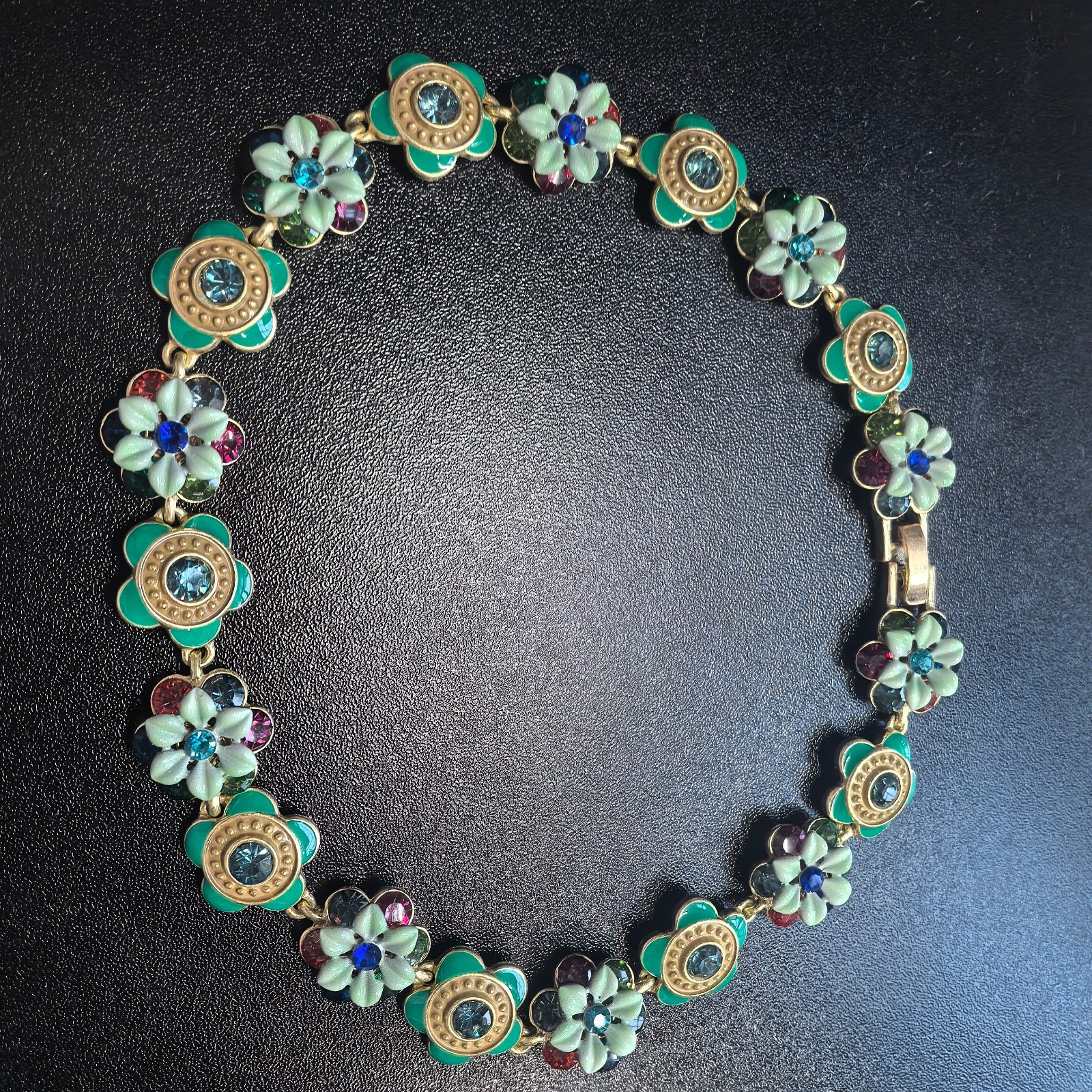 Vintage European Floral Link Necklace Rhinestone Gold Victorian Jewelry Gift