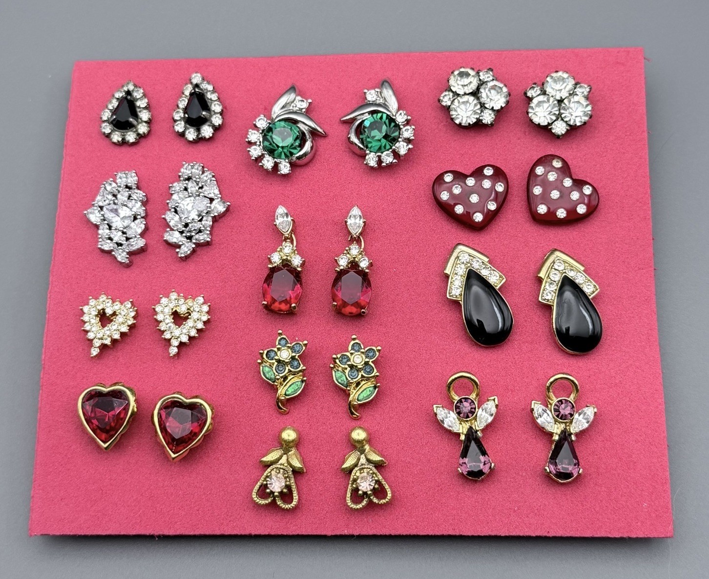 Vintage Small Rhinestone Post Earrings Lot Of 12 Floral Hearts Red Green Clear