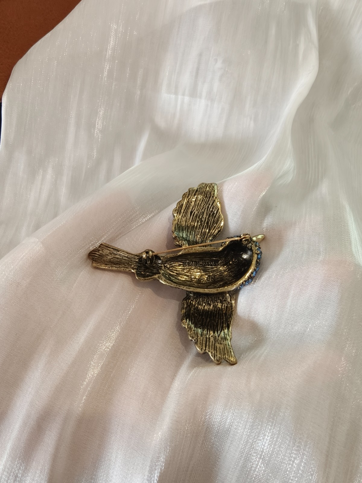 Heidi Daus Rhinestone Bird Brooch Blue Multi Tone Crystal Antique Bronze Pin