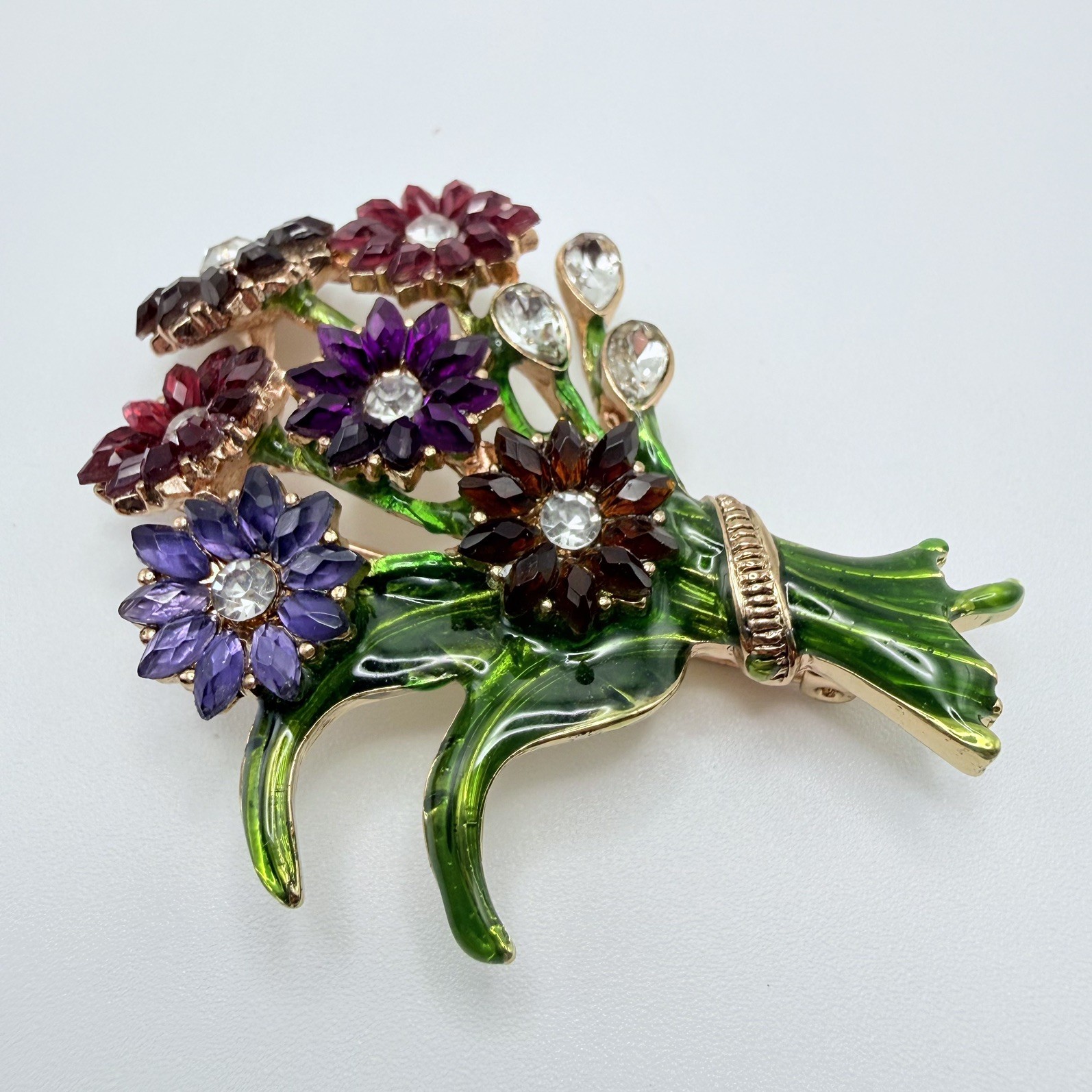 Napier Gold-Tone Enameled Colorful Bouqet Flowers Rhinestone Brooch Pin