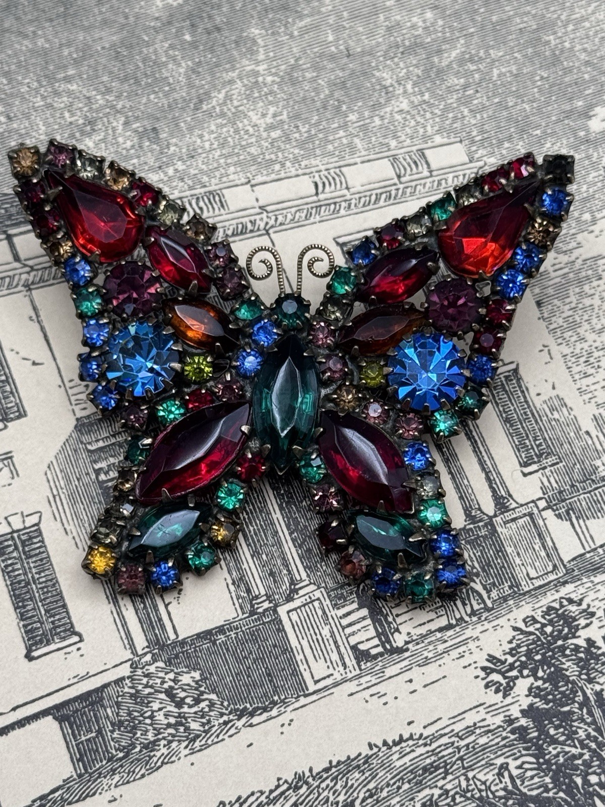 Weiss Butterfly Brooch Multicolor Rhinestone Figural Pin Signed 2.5” VINTAGE