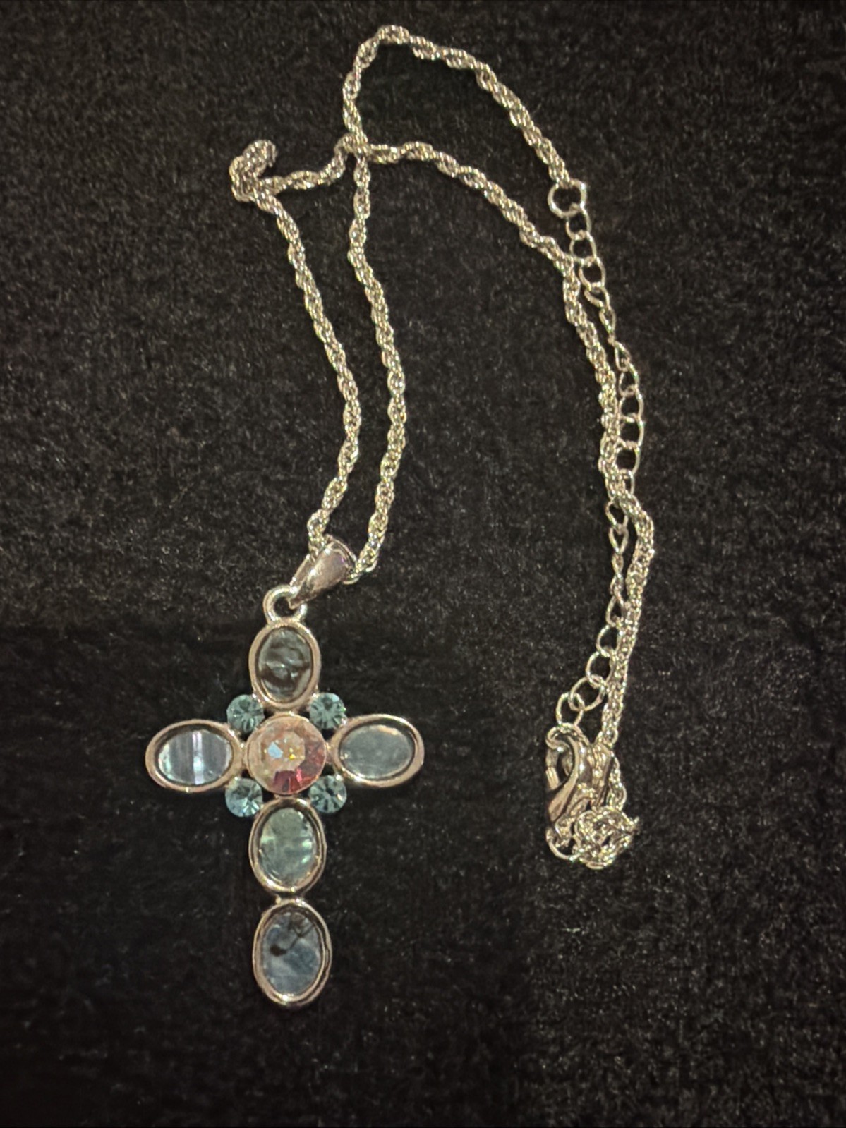 Vintage Cookie Lee Aqua Jeweled Pendant Cross Nickel Free