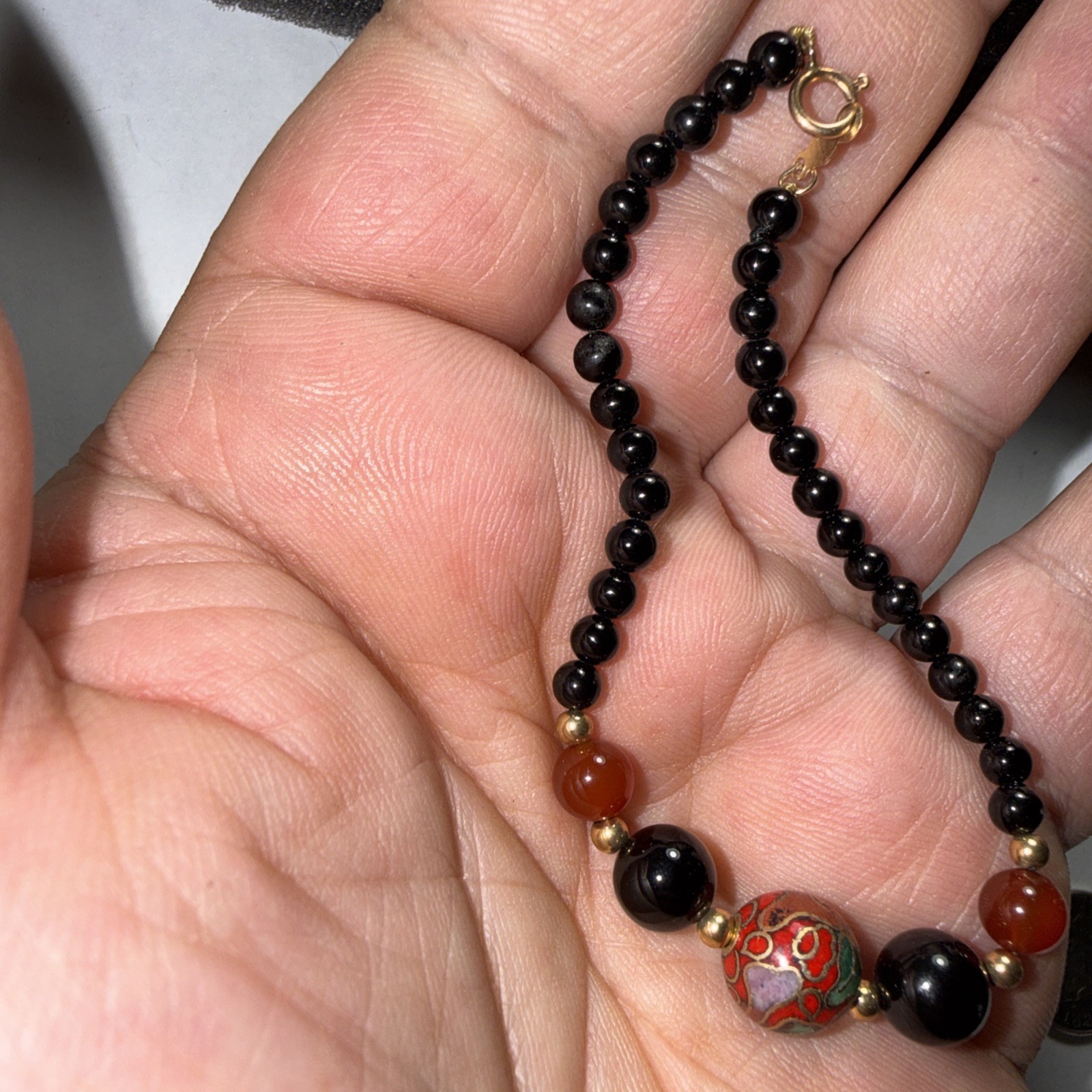 14k Gold Bracelet Black Coral Cloisonne Vintage Unused 6.75” Biggest Bead 10mm