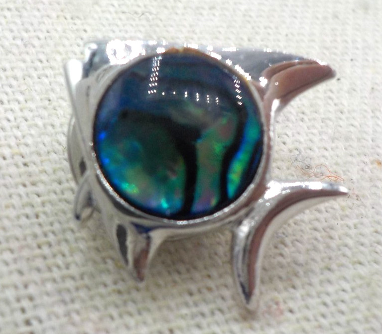 Pretty Blue Abalone Silver tone Fish Lapel pin .75” Wide