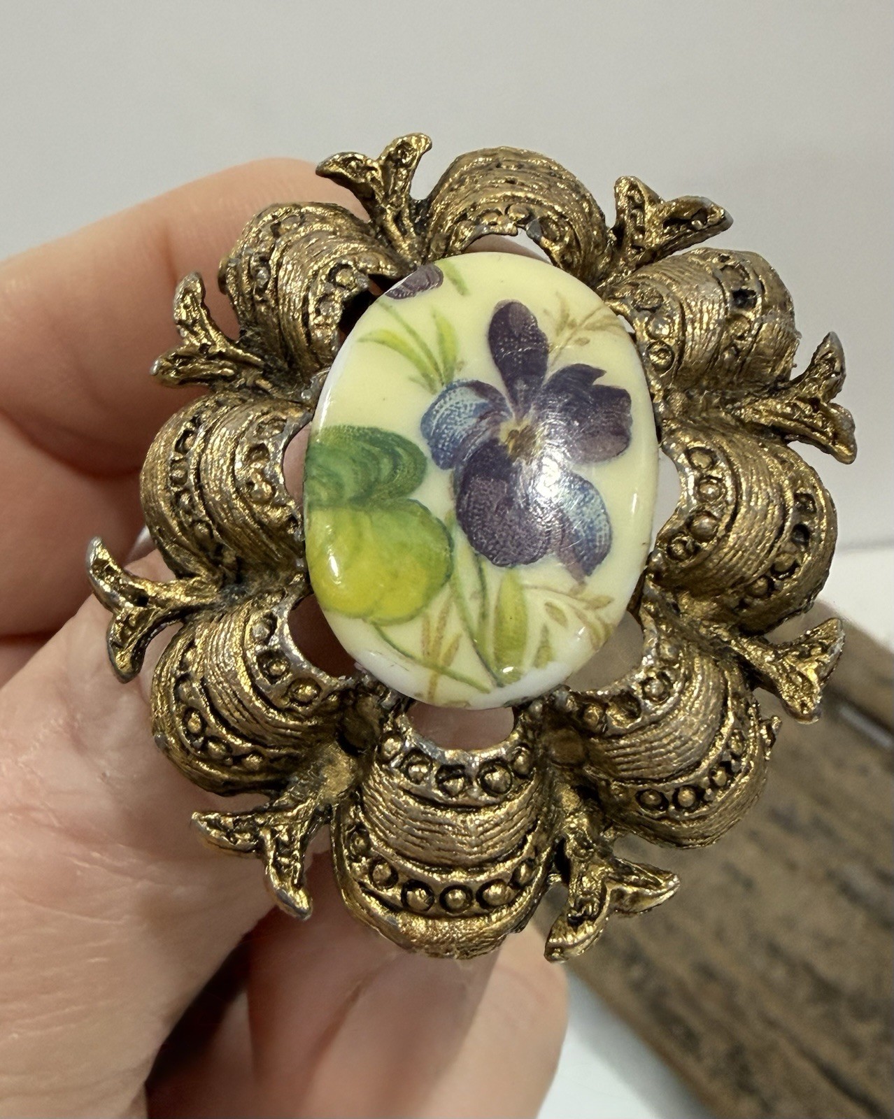 Vintage Victorian Revival Floral Porcelain Purple Violets Cameo Style Brooch