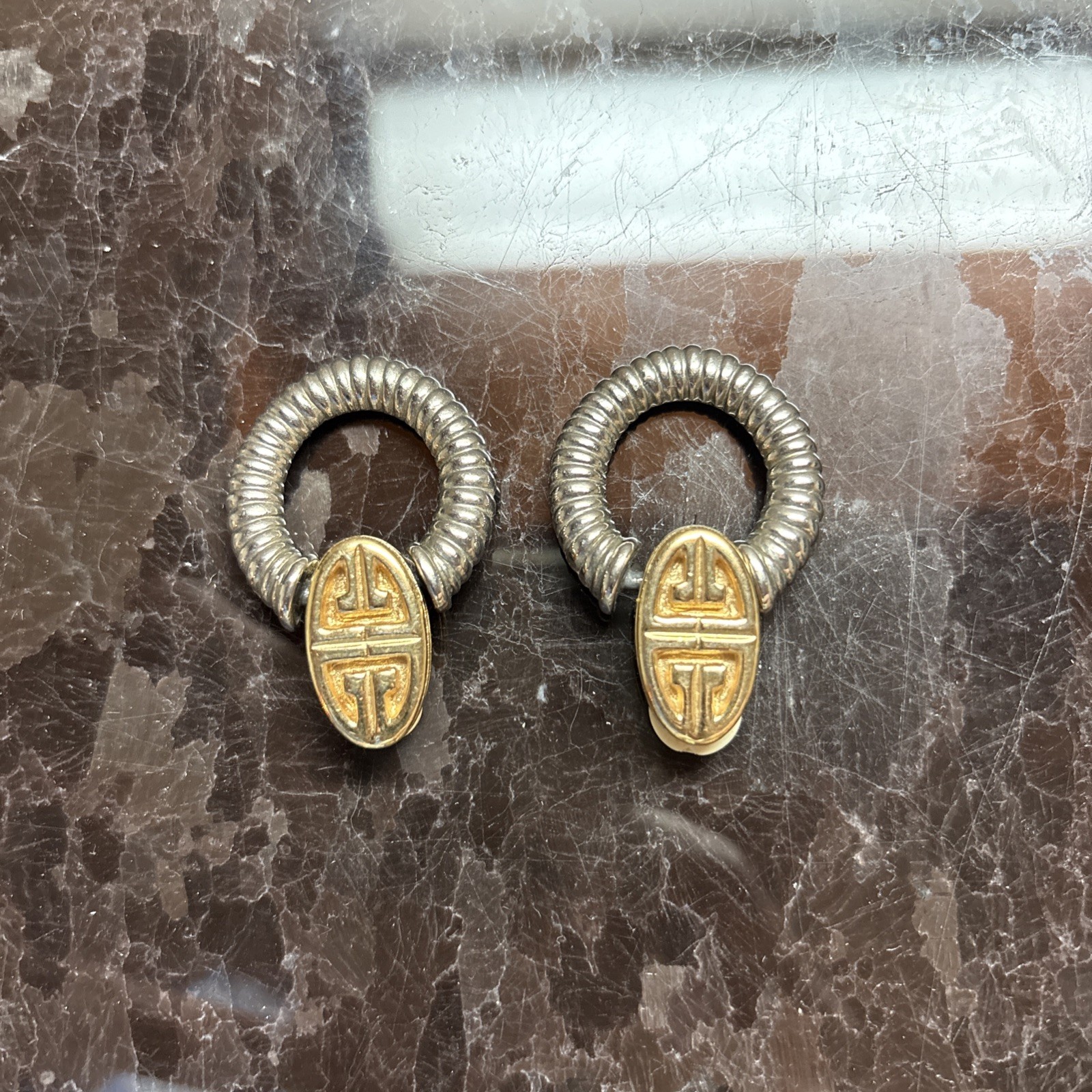 Vintage Givenchy Silver Door Knocker Gold Tone Logo Clip On Earrings