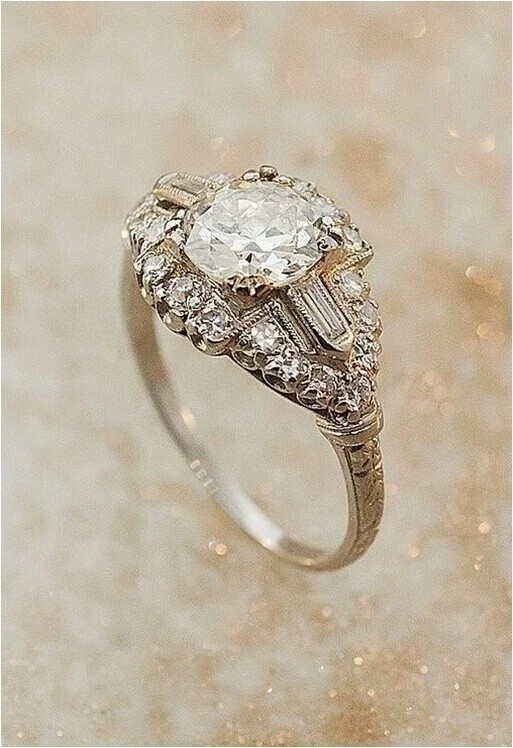Art Deco Style Lab Created Diamond Engagement Wedding 14K White Gold Finish Ring