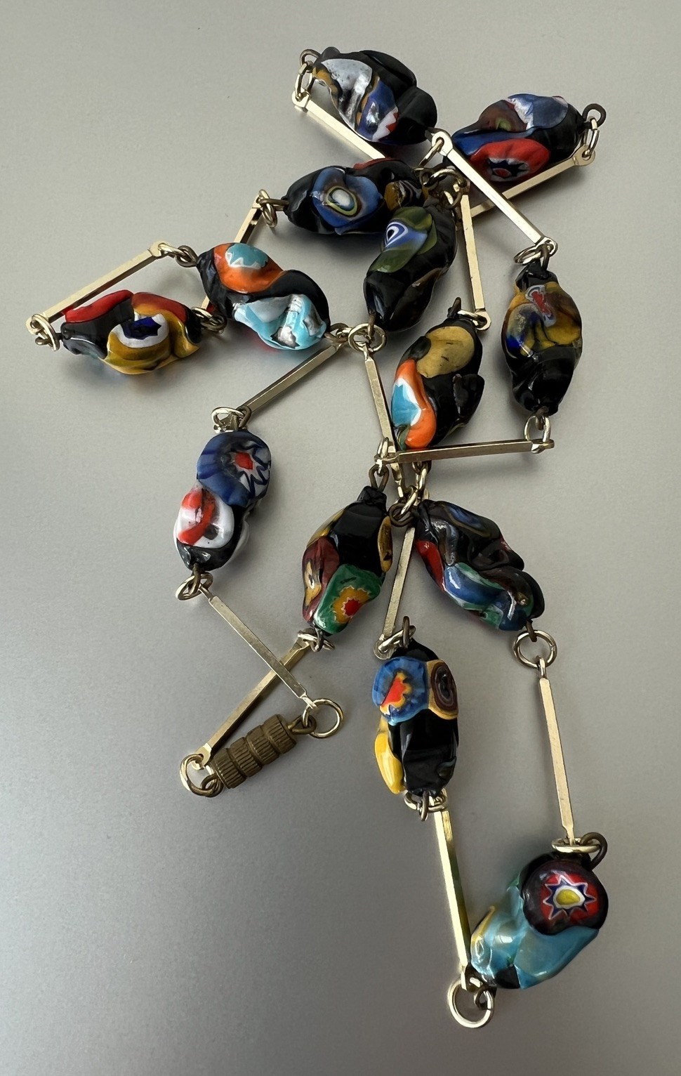 VTG Millefiori Art Glass Baroque Bead & Bar Link Necklace 30” Barrel Clasp