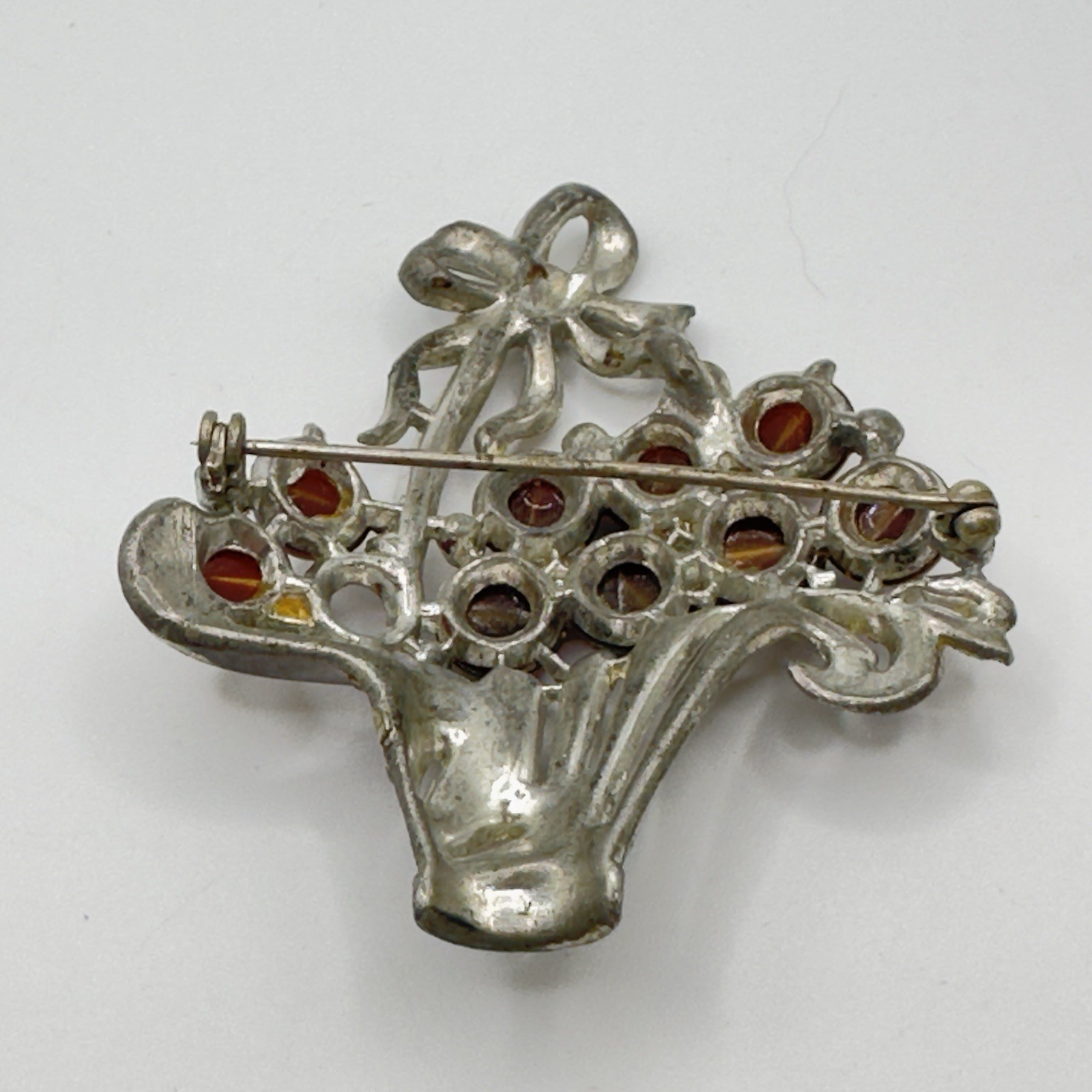 Vintage Pot Metal Brooch Moonglow & Rhinestone Flower Basket 2.5″ x 2.25″ READ