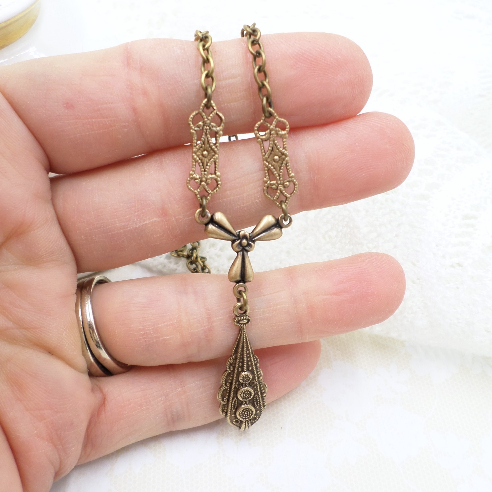 Victorian Style Brass Filigree Charm Necklace: Handmade Bow & Teardrop Jewelry
