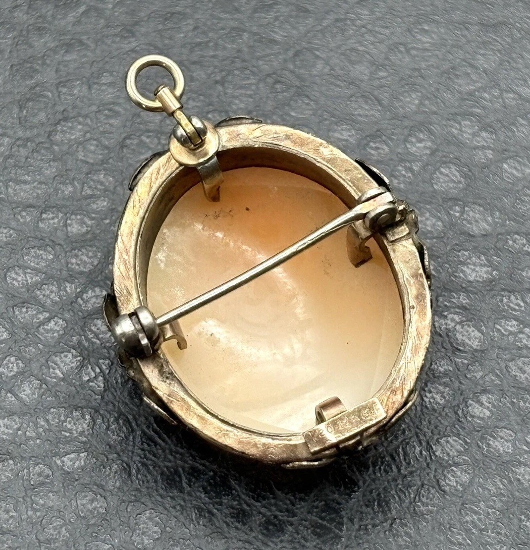 Vintage Left Facing 12K Gold Filled Floral Repousse Shell Cameo Pendant Brooch