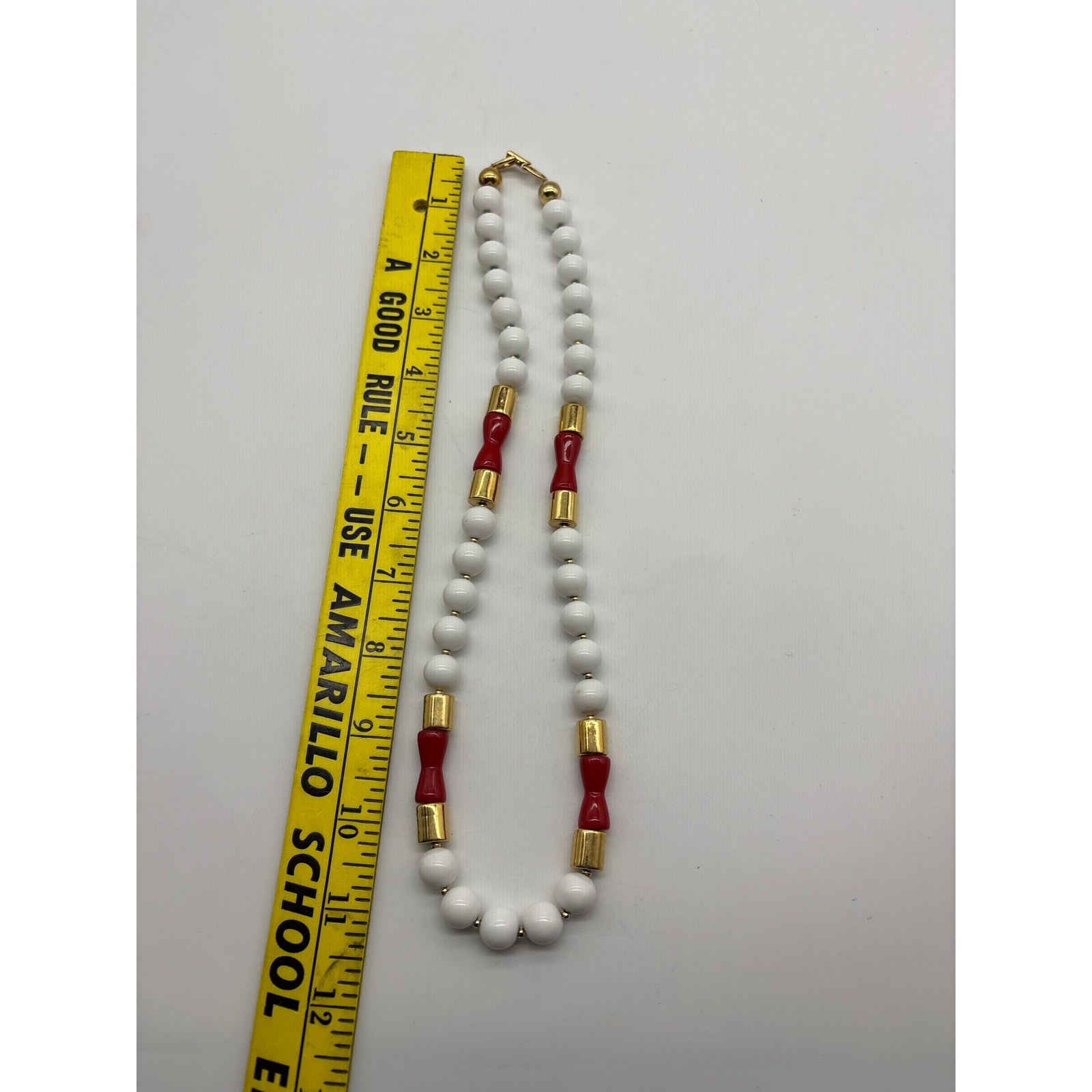 Vintage White Red Gold Beaded Strand Necklace Retro Mod 22 Inch