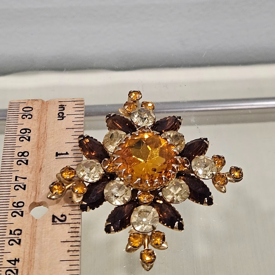 Judy Lee Vintage Golden Brown Yellow Stones Layered Flower Gold Tone Brooch Pin