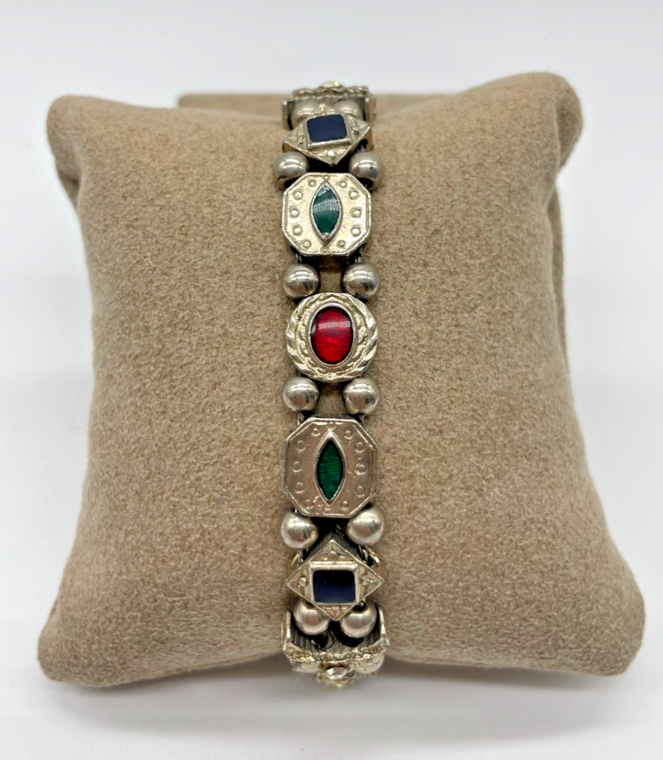 VTG Victorian Revival sliding charm ball bracelet silver tone Rhinestone 7.5″
