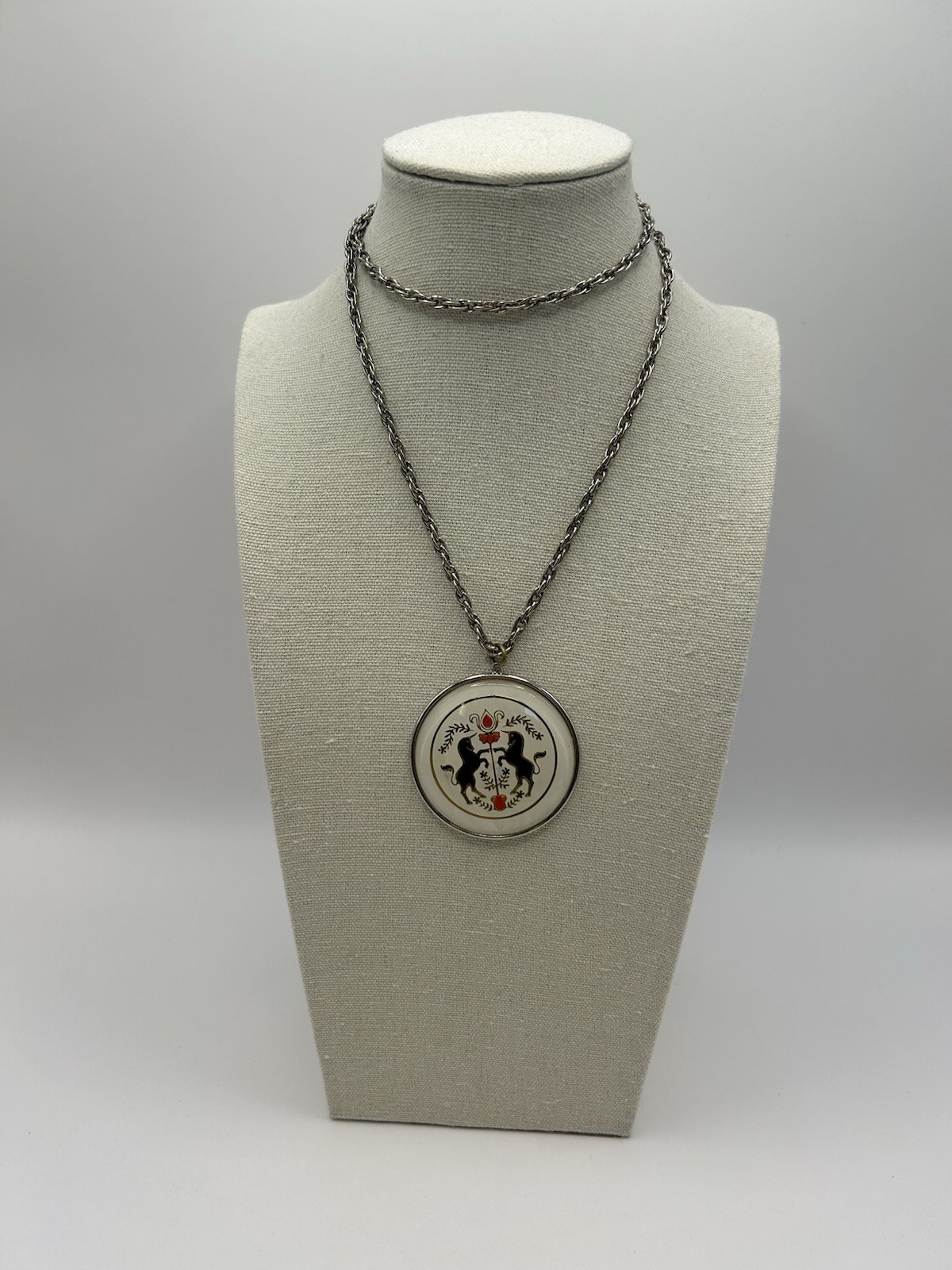 Vintage Pennsylvania Dutch Hex Sign Unicorn Pendant Necklace Folk Art Medallion