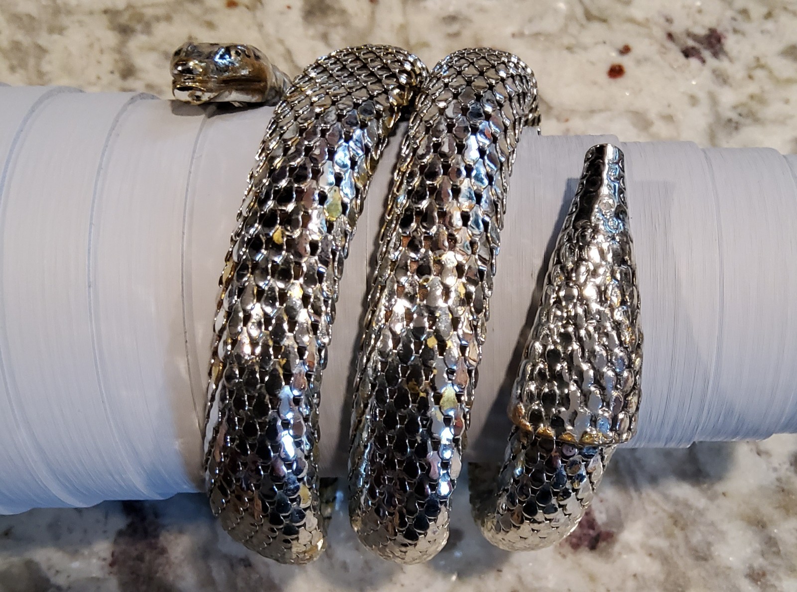 Vintage Whiting & Davis Unsigned Snake Bracelet Silver Tone Triple Wrap Mesh 🐍