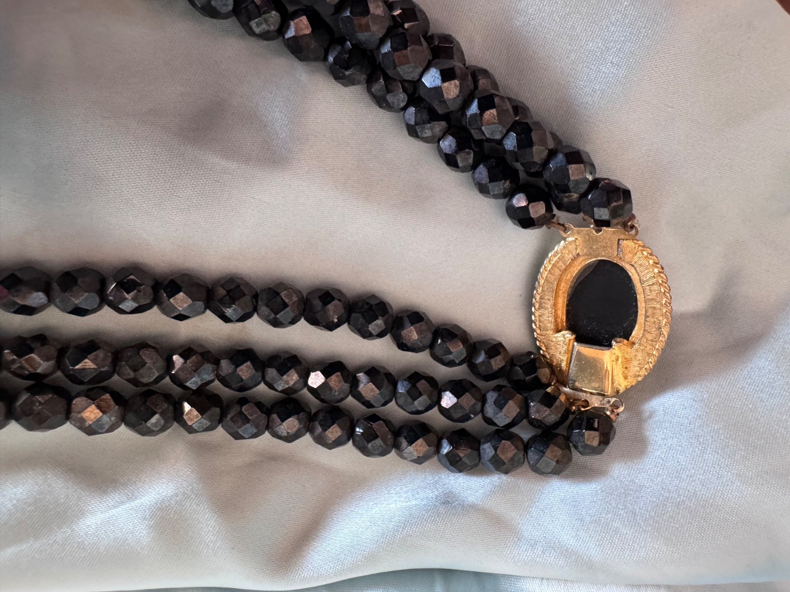 Vintage Necklace THREE STRAND FACETED CRYSTAL BEADS AND HEMATITE OVAL CAMEO 22″