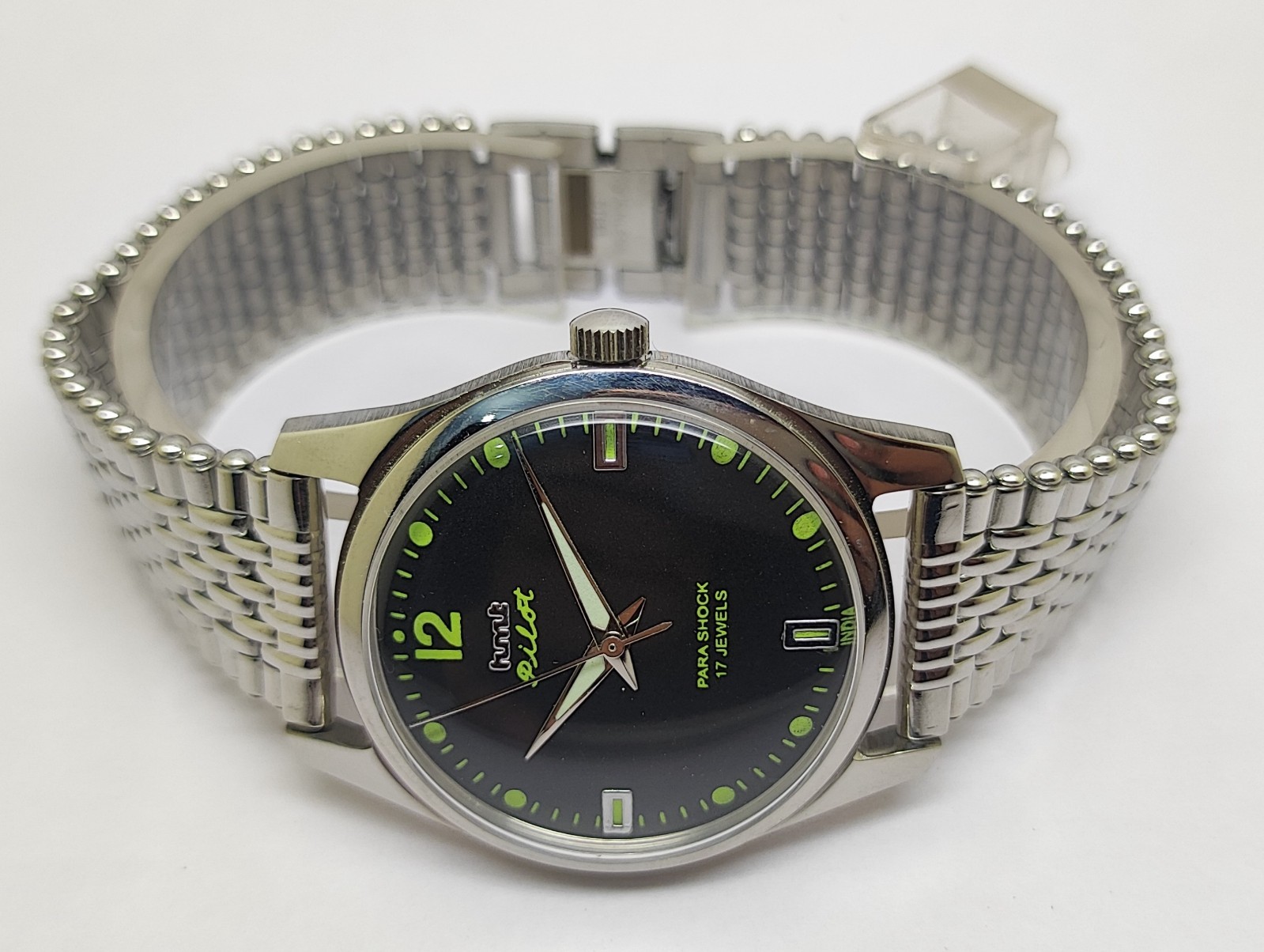 HMT Pilot Mechanical Hand Wound Green Lume Dial 17 Jewels Para Shock Vintage