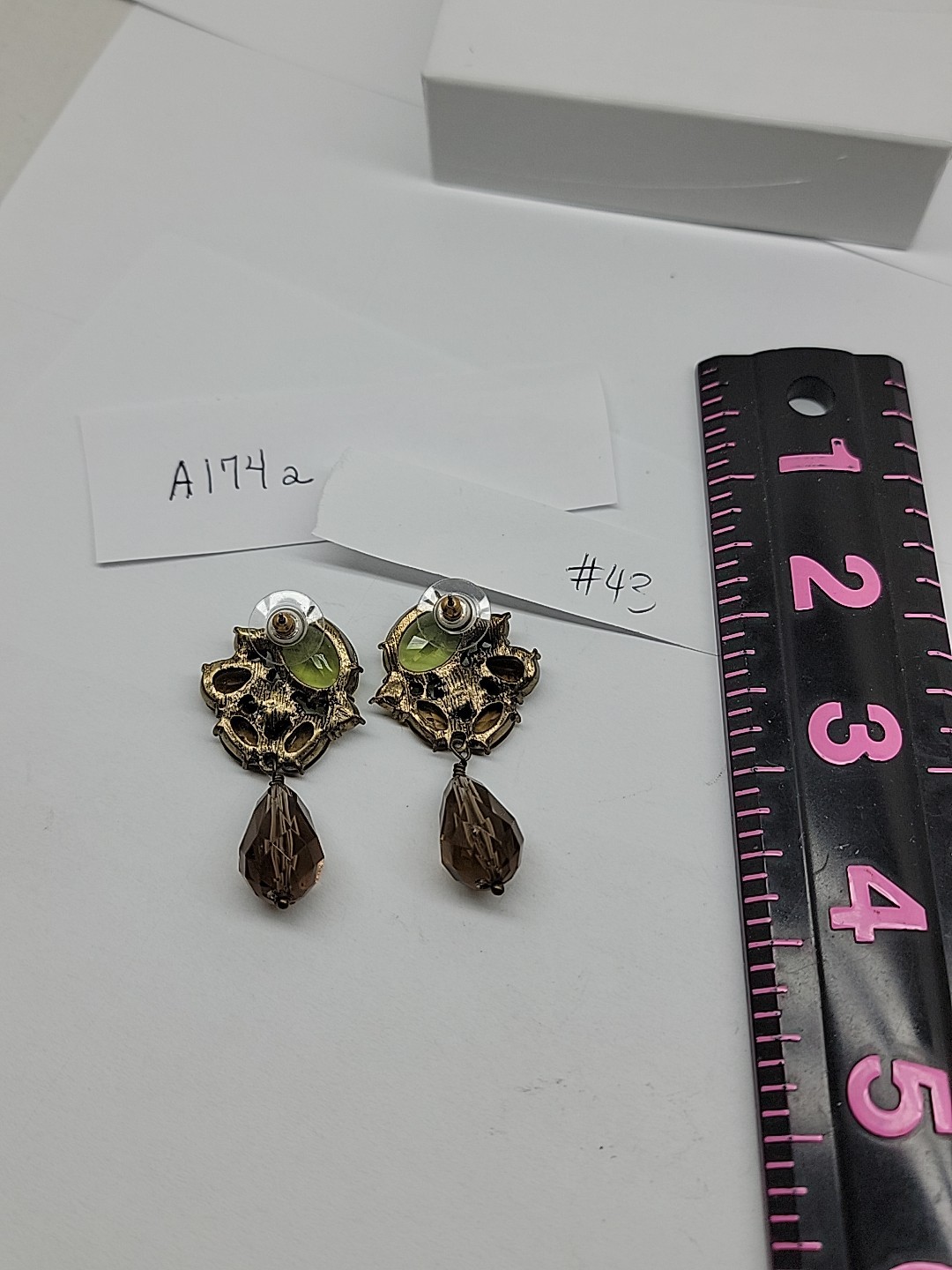 Green Brown Vintage Gem Stud With Bead Dangle Olive Green Golden Brown Unbranded
