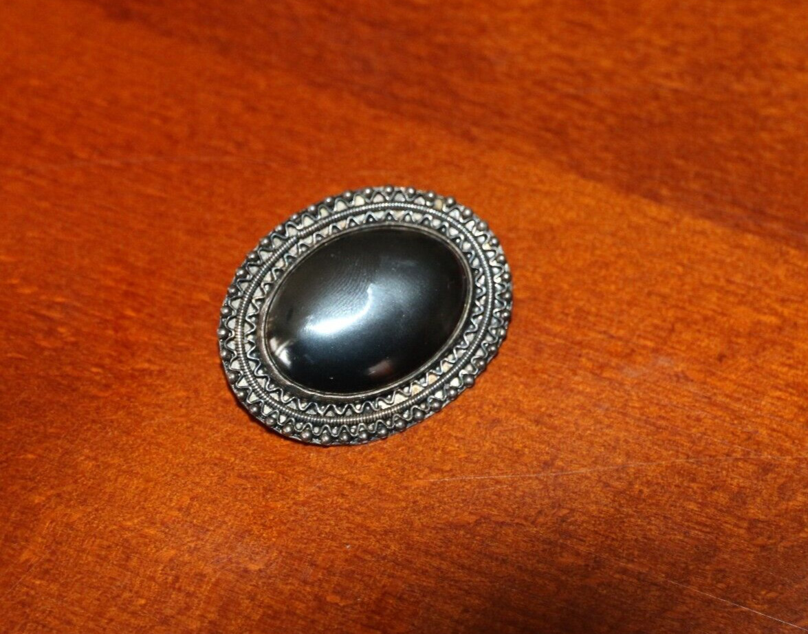 Art Deco SILVER Embossed BROOCH – Large Hematite