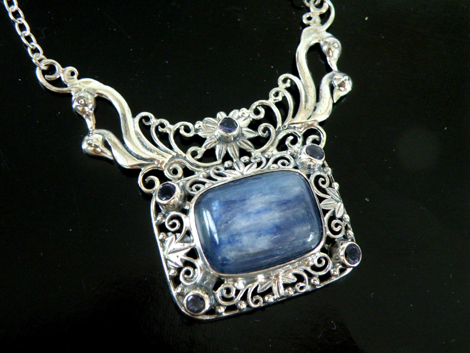 Sterling Silver 925 Natural Kyanite Iolite Art Nouveau Style Necklace 18″