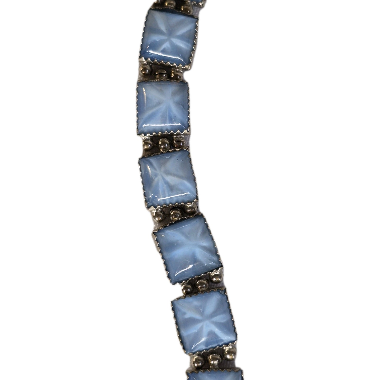 Blue Opaline Star Czech Glass Bracelet Square Silvertone Link 7 Inches Vintage