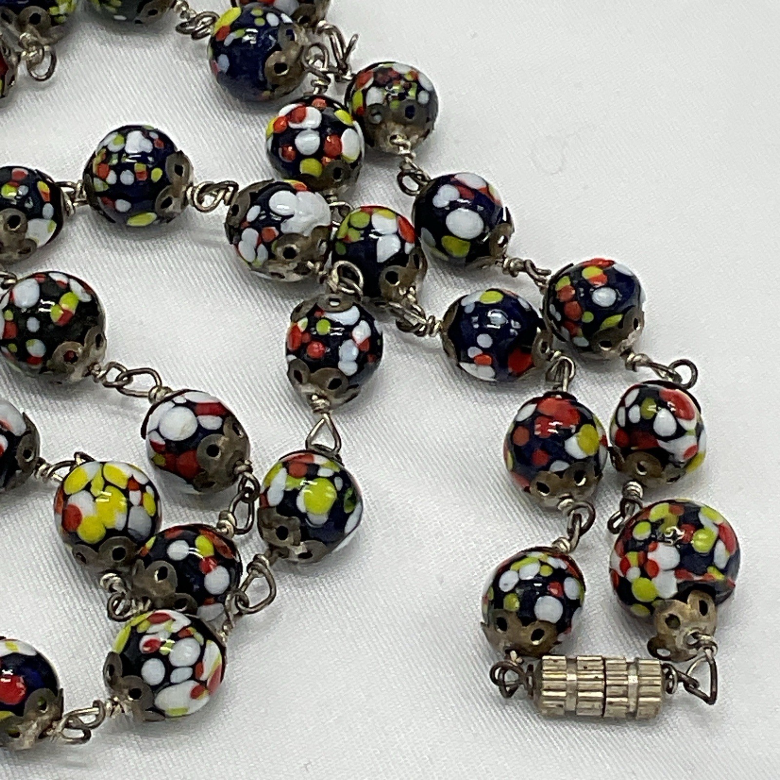 Vintage Millefiori Glass Bead Necklace Murano Style Wire Linked 22” Italy READ