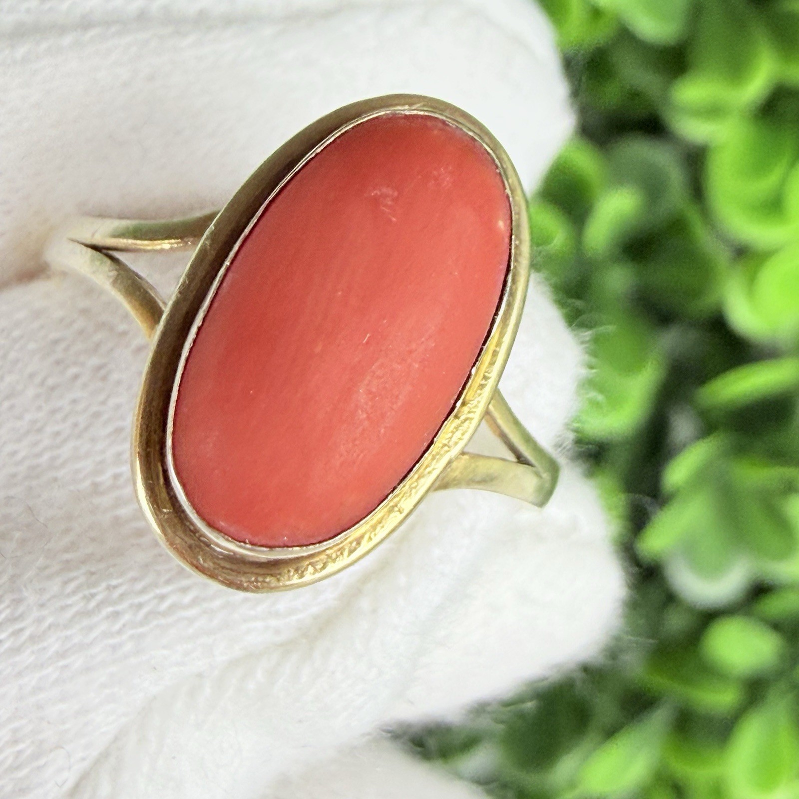 Vintage Antique? Natural Coral Cabochon 800 Silver Gold Tone Ring Size 6.75-7ish