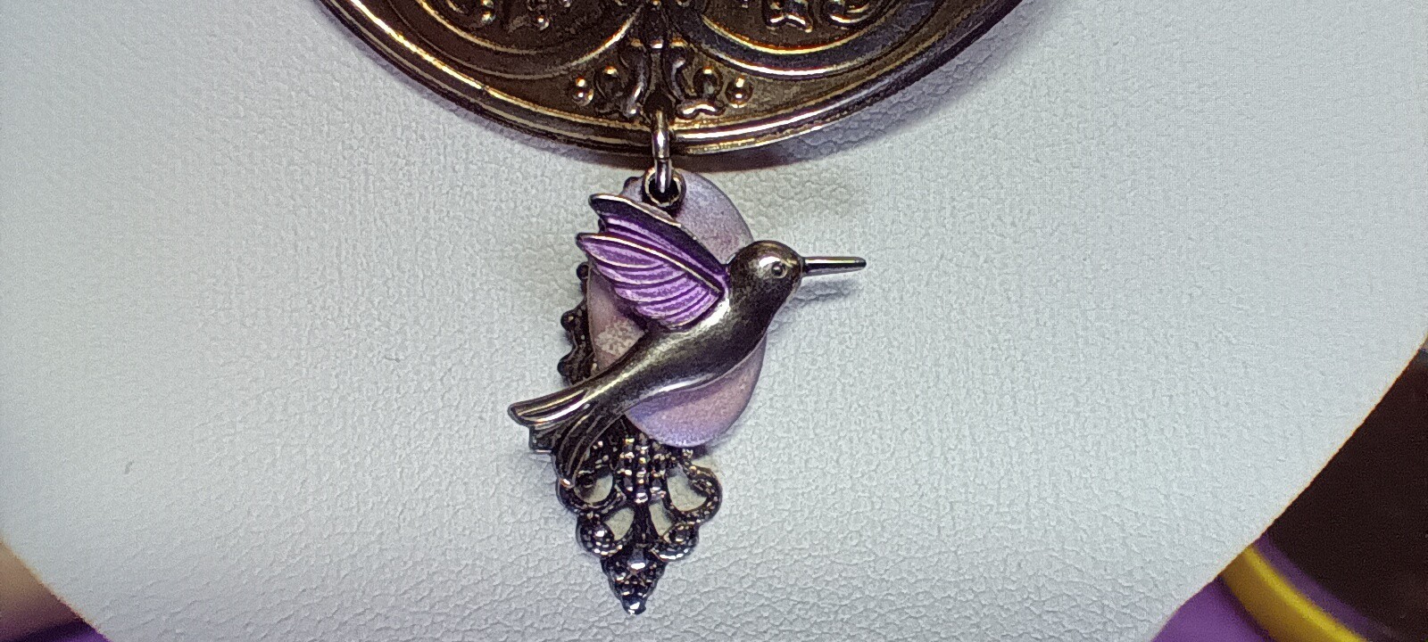 Hummingbird Necklace Purple Silvertone Repousse Pendant Ornate Design Filigree