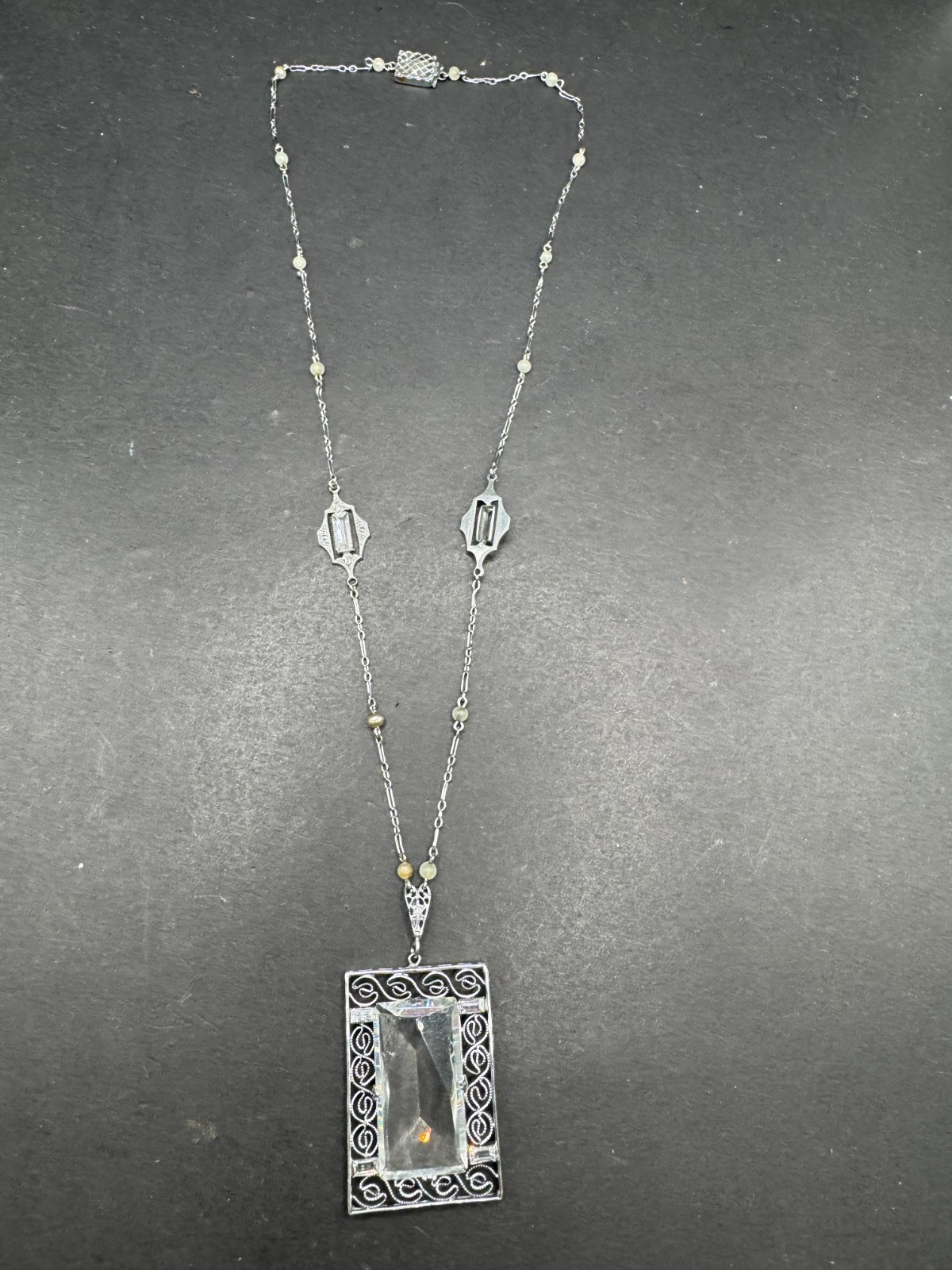Art Deco Filigree Crystal Chain & Pendant Silver Tone