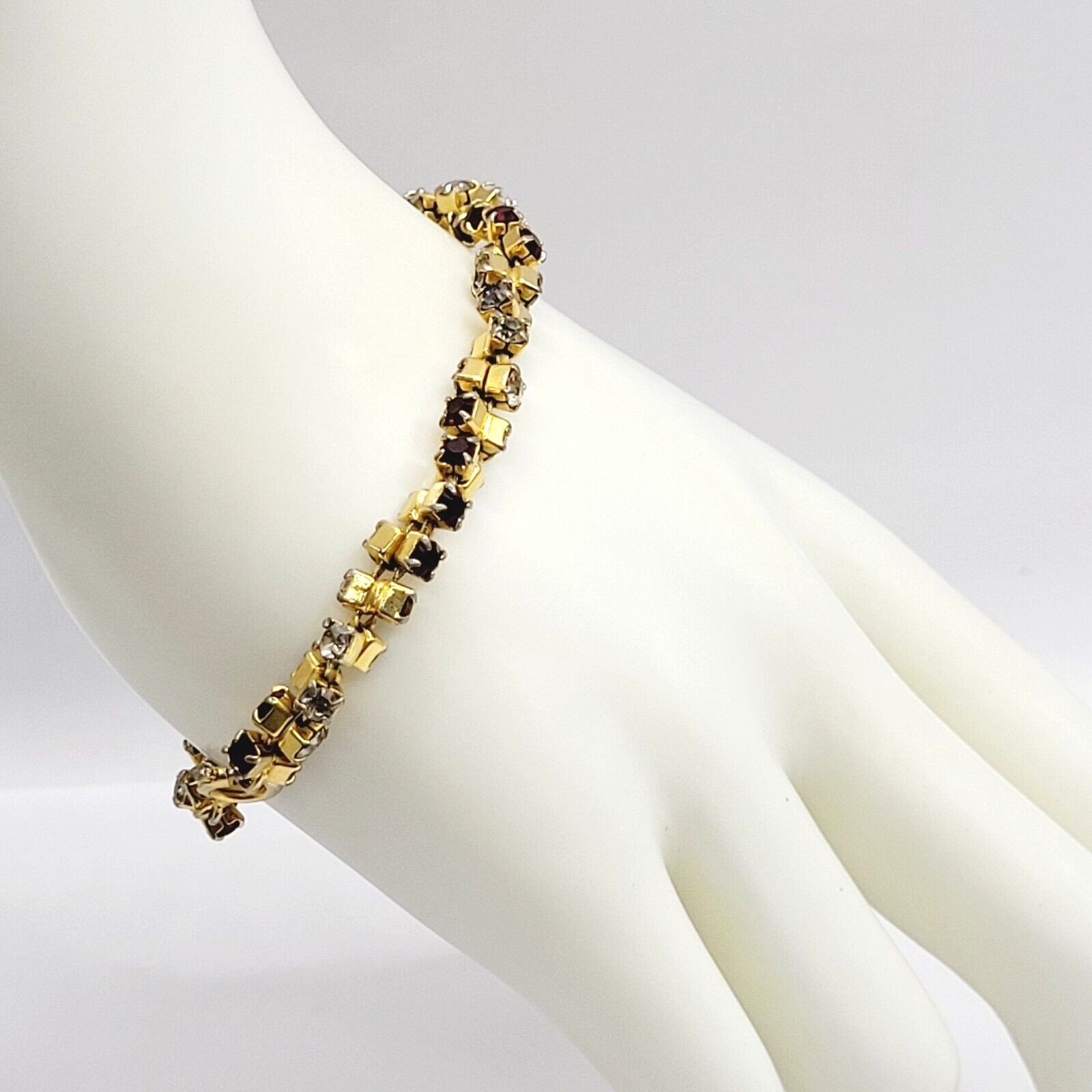 Unique Slightly Brutalist Style Gold Plated Bracelet Red White Rhinestone 7.5 In