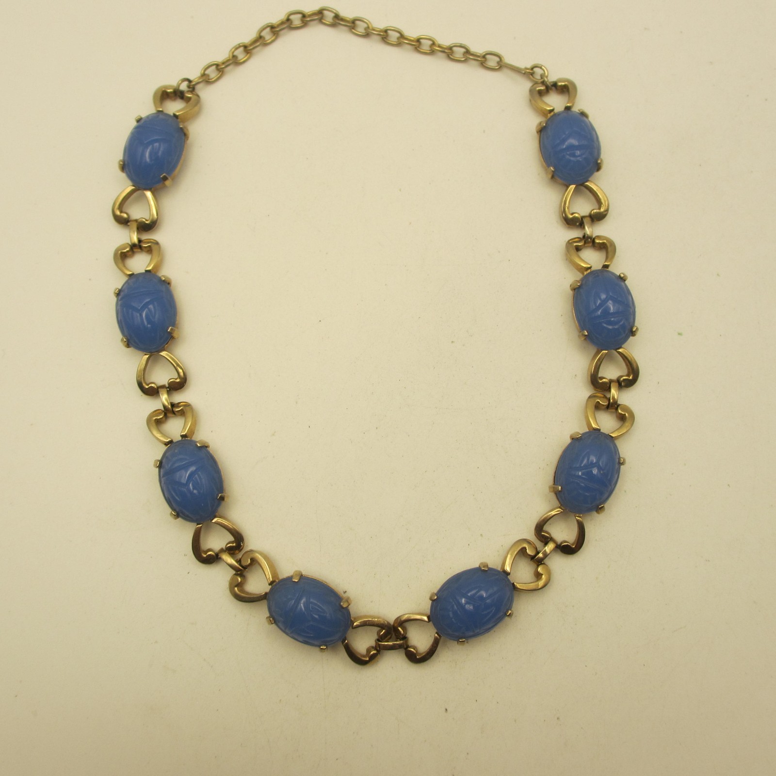 Vintage Scarab Necklace Egyptian Revival Blue Glass Gold Tone Choker 15 Inch