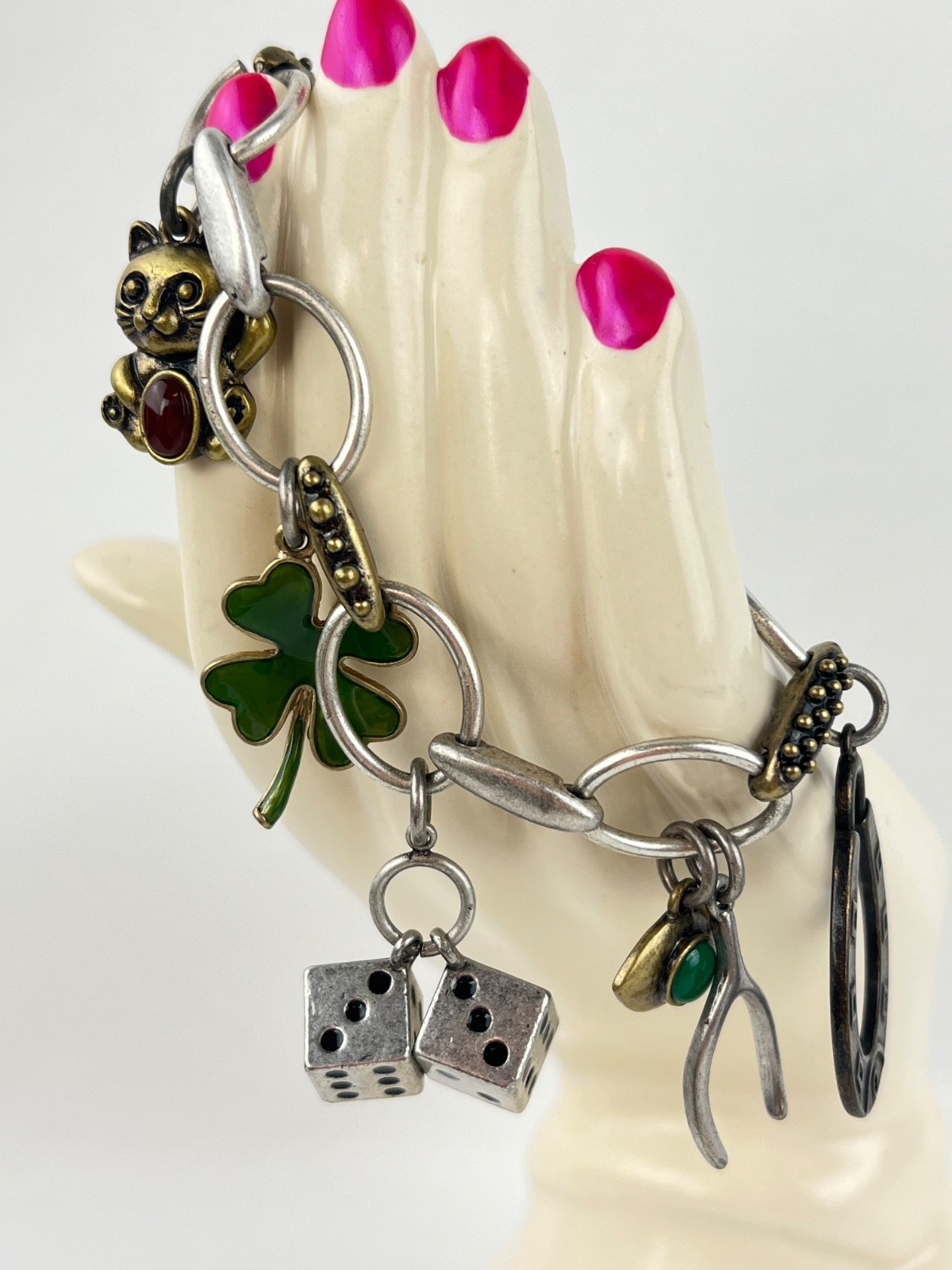 Matte Silver Metal Good Luck Charm Bracelet Dice Shamrock Wishbone Horseshoe 8″