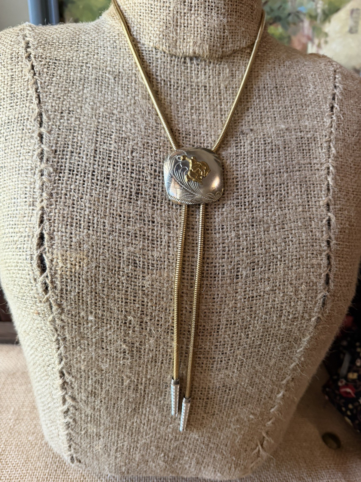 Vintage Silver Bolo Slide Necklace Gold Snake Chain Lariat Rodeo Western Rider