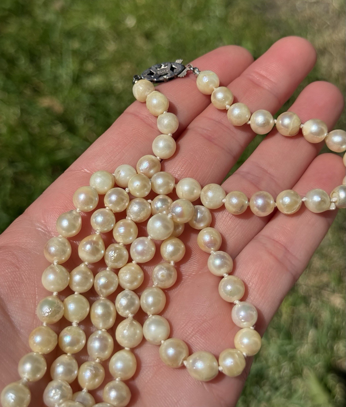 Vtg Art Deco Sterling Silver Pearl Clasp Baroque Akoya Hand Knotted Necklace 25”