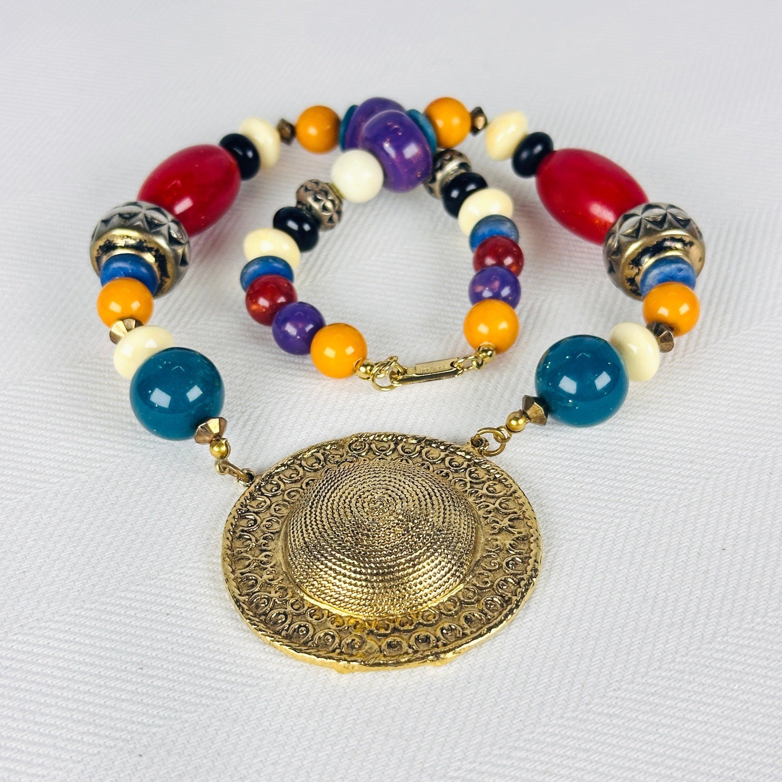 Carol Dauplaise Vintage Designer Multicolor Bead Gold Medallion Necklace Boho